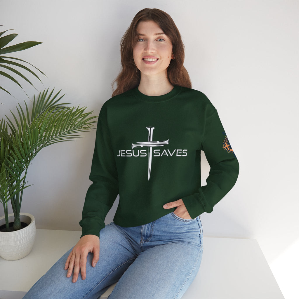 Jesus Saves Sweatshirt – 3 Nails Crucifix Cross Christian Sweatshirt for Redemption Faith & Bold Salvation Printify