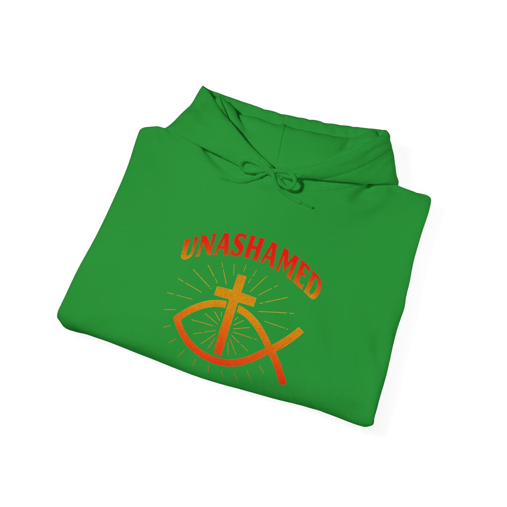 Unashamed Hoodie – Ichthys Jesus Fish & Cross Christian Sweatshirt for Romans 1:16 Bold Faith Printify