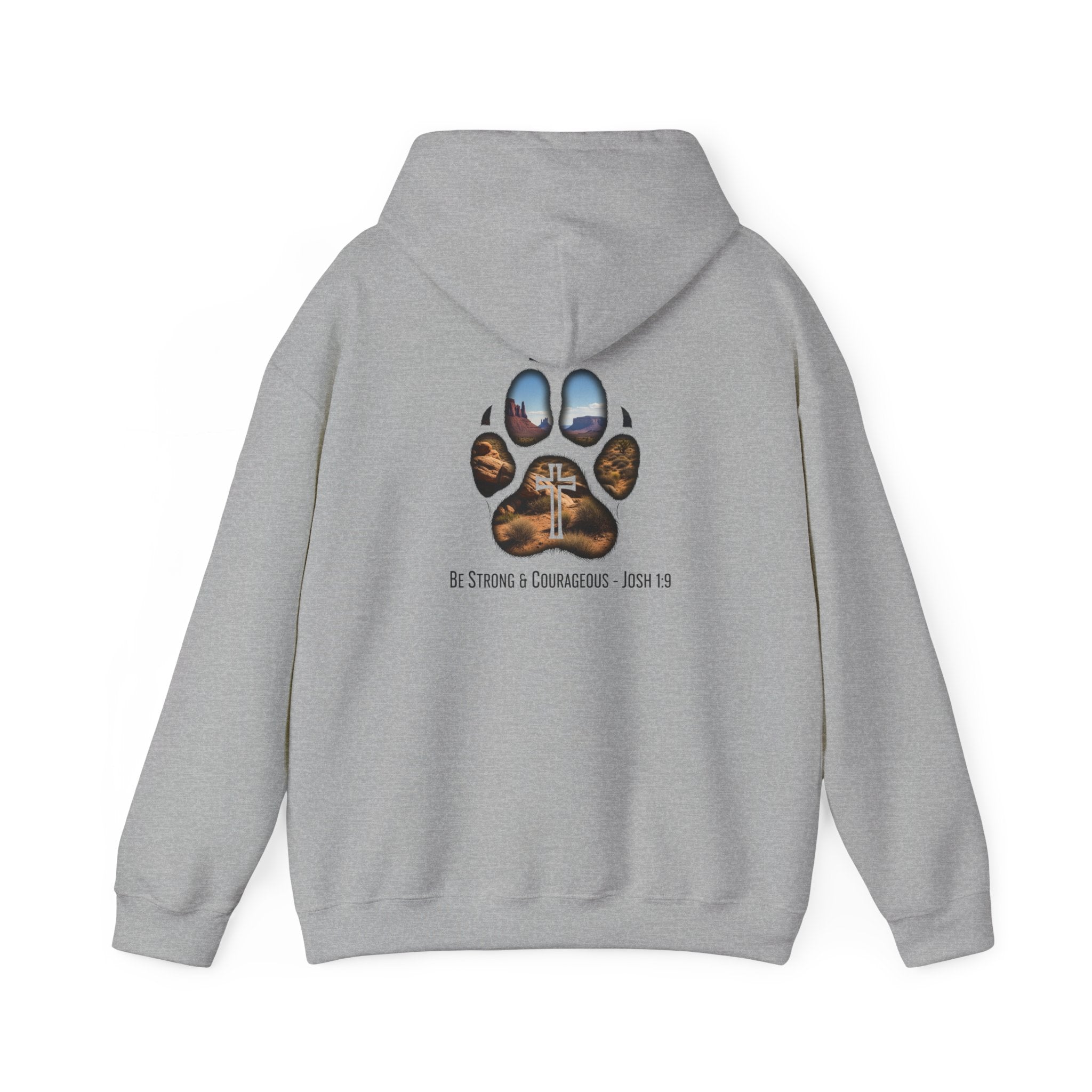 Strong and Courageous Hoodie – Joshua 1:9 Canine Pawprint Desert Christian Hoodie for Dog Lovers Printify
