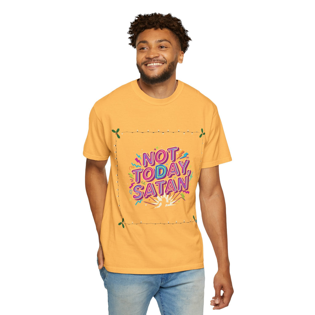 🔥 Not Today, Satan – Retro 90s Christian T-Shirt | Neon Faith Tee | Funky Cartoon Devil | Bold Bible Verse Shirt | Uplifted Gear Printify