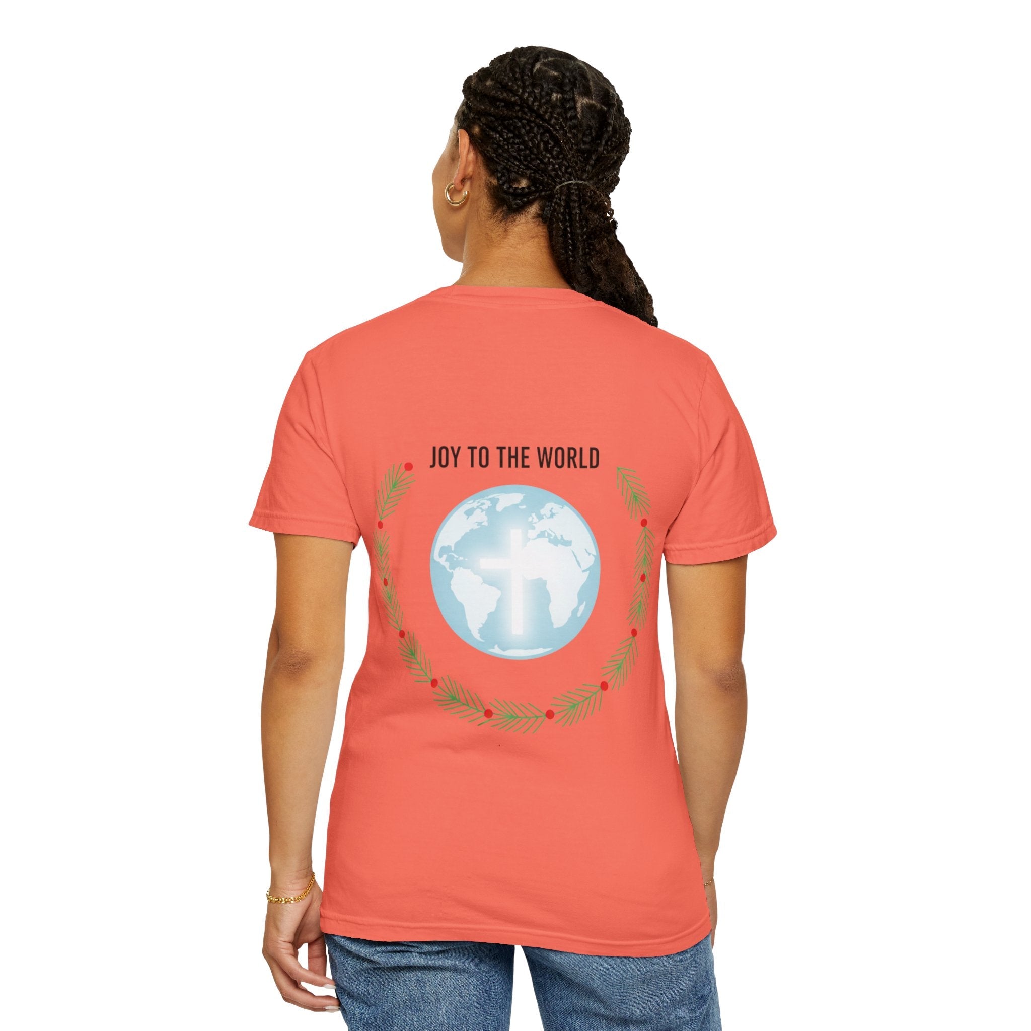 Joy to the World T-shirt – Wreath Earth Nativity Christian Christmas T-shirt for Isaiah 9:6 Holiday Faith & Festive Joy Printify