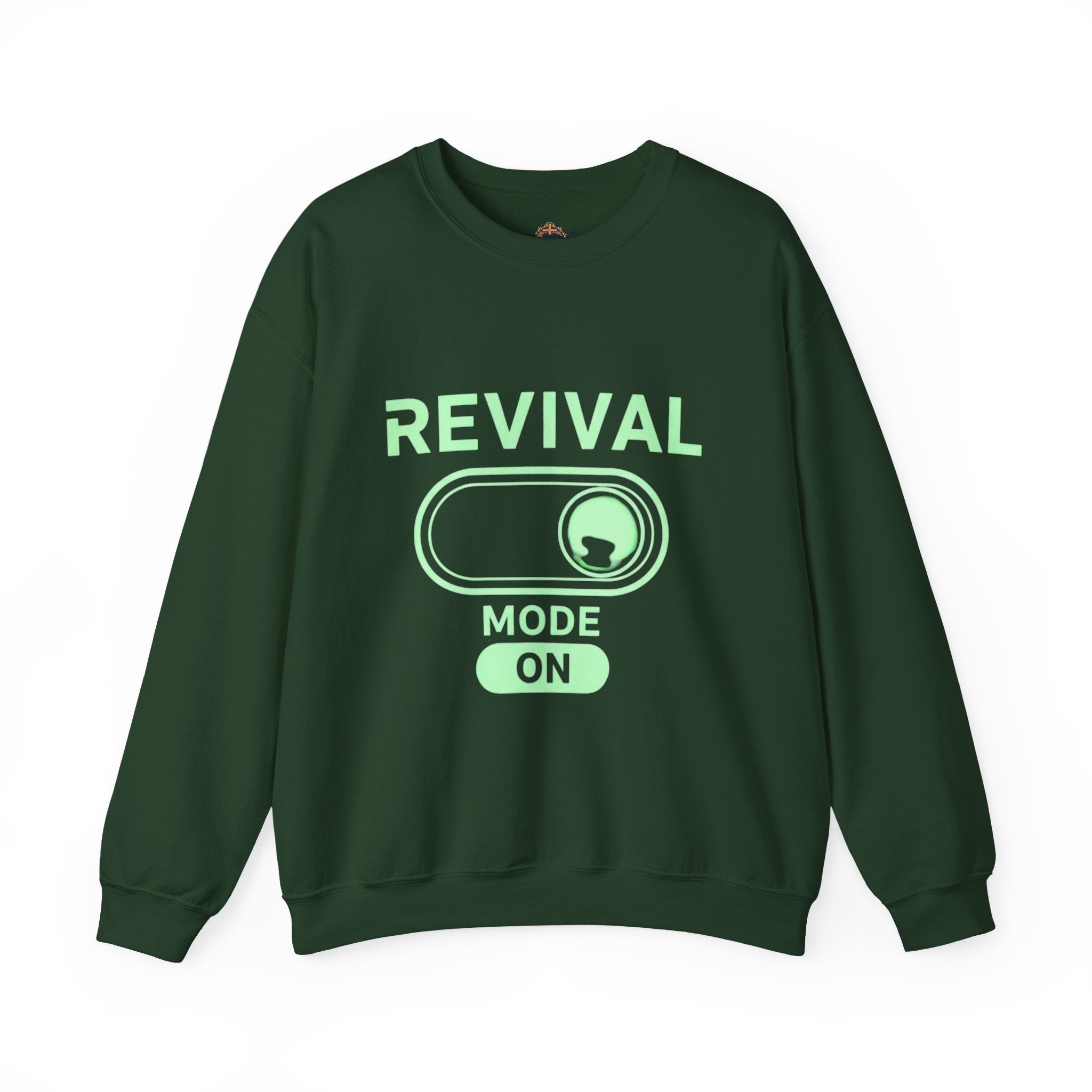 🔥 Revival Mode: ON – Christian Techwear Sweatshirt | Glowing Green Faith Switch | Futuristic Jesus Shirt | Activate Your Spiritual Awakening | Uplifted Gear Printify