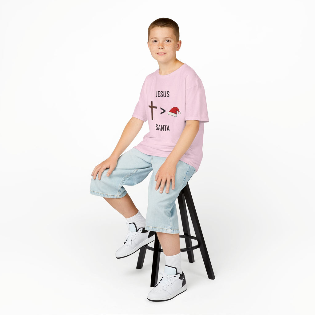 🎄 Jesus > Santa – Minimalist Christian Christmas Kids T-Shirt | Bold Faith Over Holiday Tee | Cross vs Santa Hat Design | Uplifted Gear Printify
