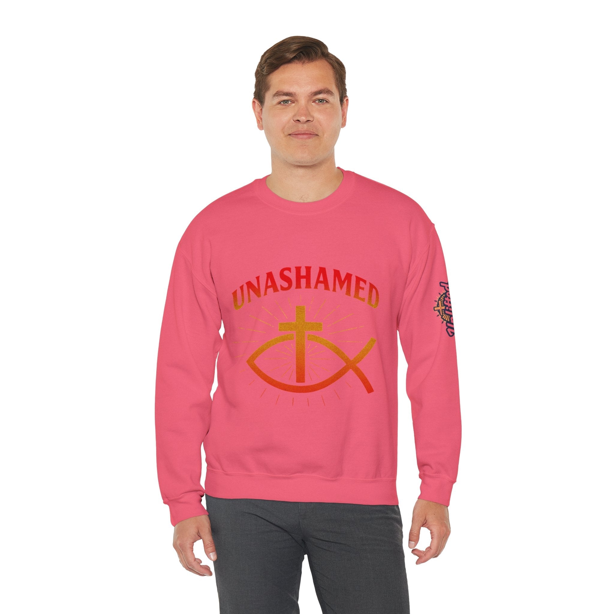 Unashamed Sweatshirt – Ichthys Jesus Fish & Cross Christian Sweatshirt for Romans 1:16 Bold Faith Printify