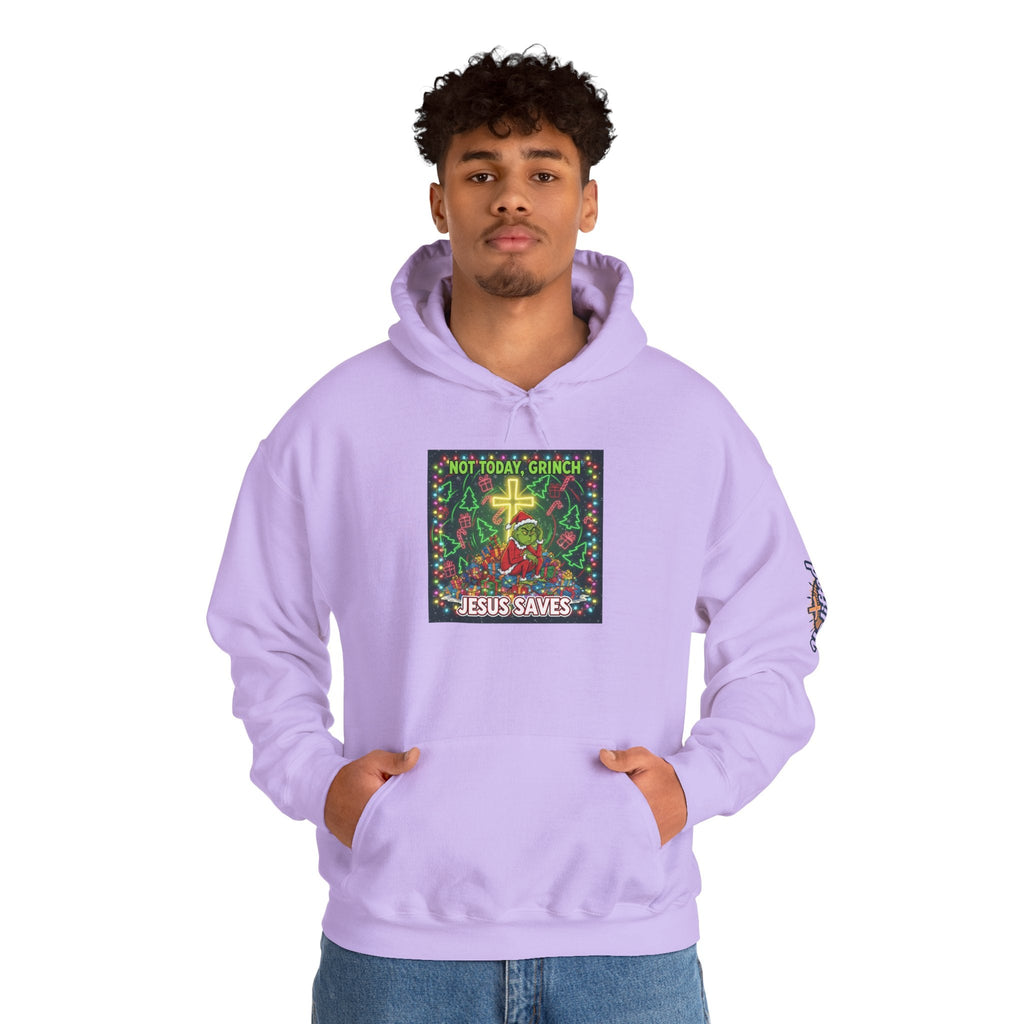 🎄 Not Today, Grinch – Jesus Saves | Funny Christian Christmas Hoodie | Festive Green & Red Cartoon Style | Bold Faith Holiday Tee by Uplifted Gear Printify
