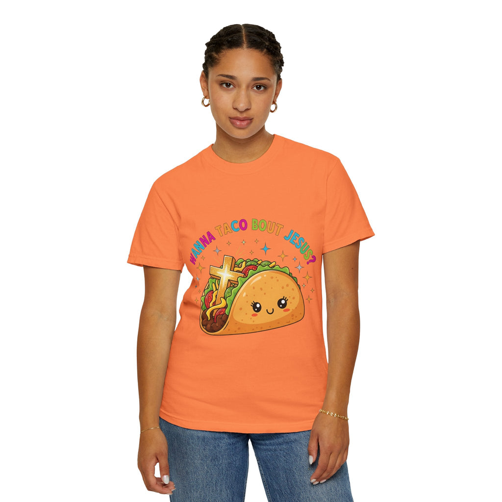 Wanna Taco 'Bout Jesus? Funny Christian Pun T-Shirt – Lettuce Pray & Share Faith! Printify