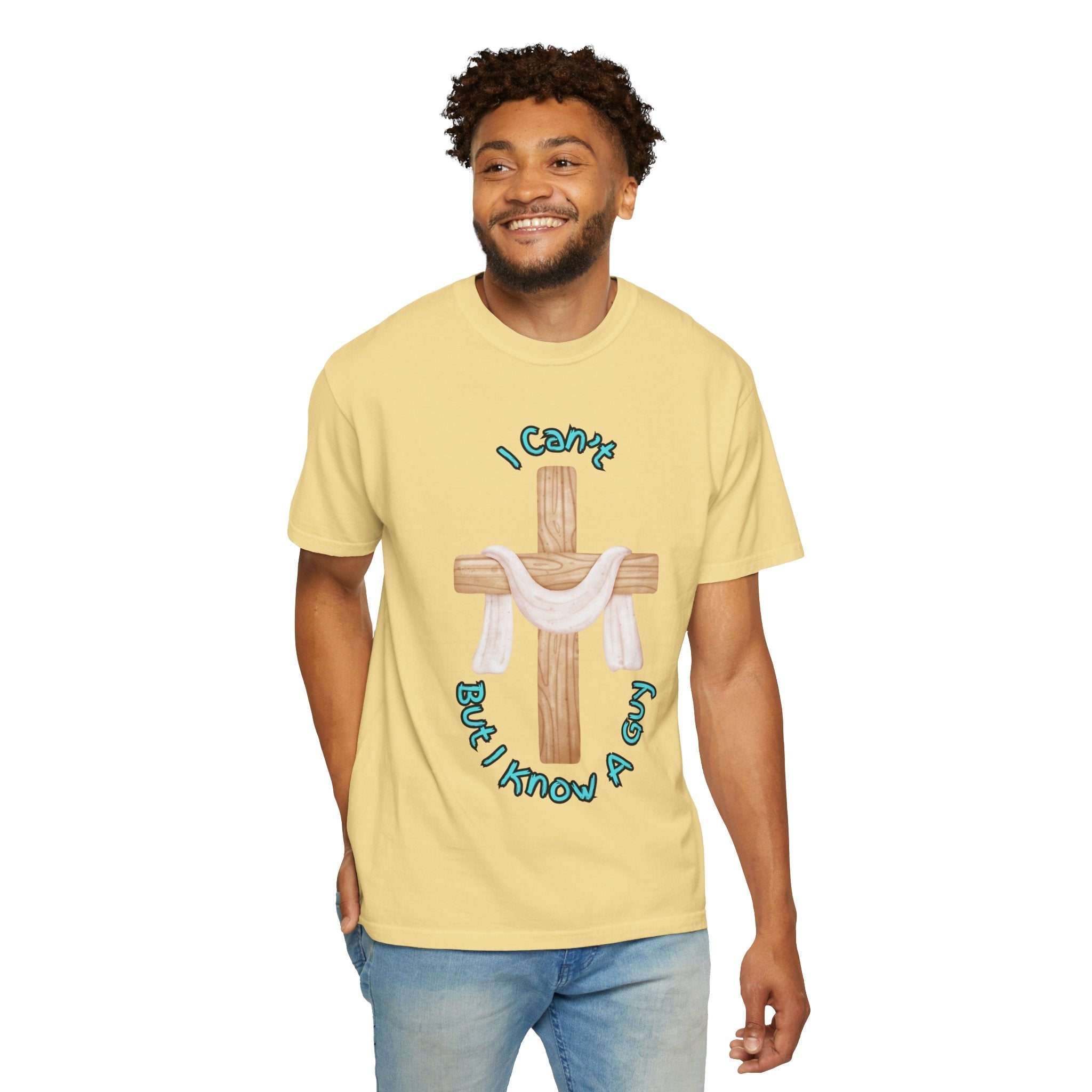 I Can’t, But I Know a Guy T-Shirt – Jesus Cross Christian Tee for Faithful Humor Printify