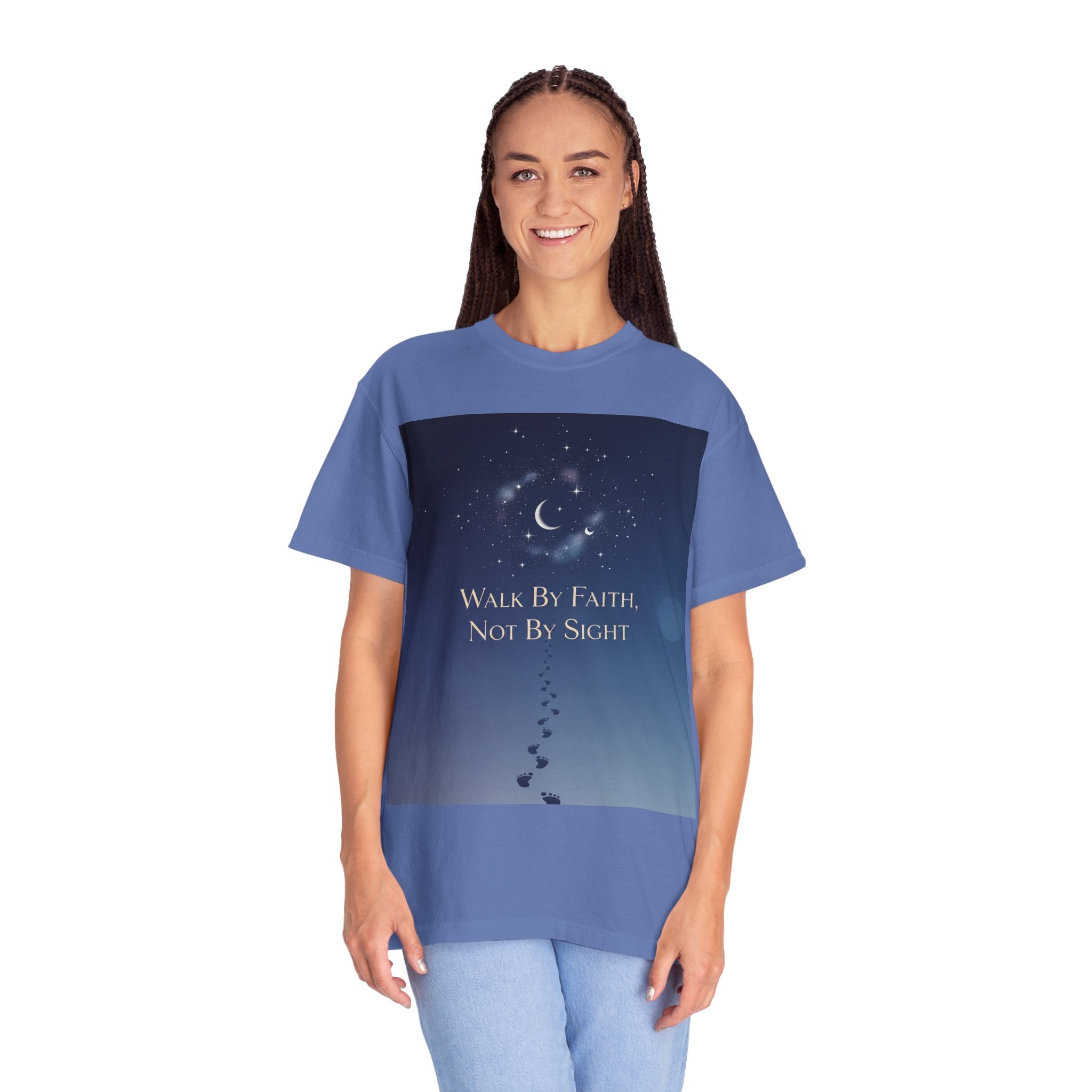 Walk by Faith, Not by Sight T-Shirt – Footprints in the Sand Christian Moonlit Tee Printify