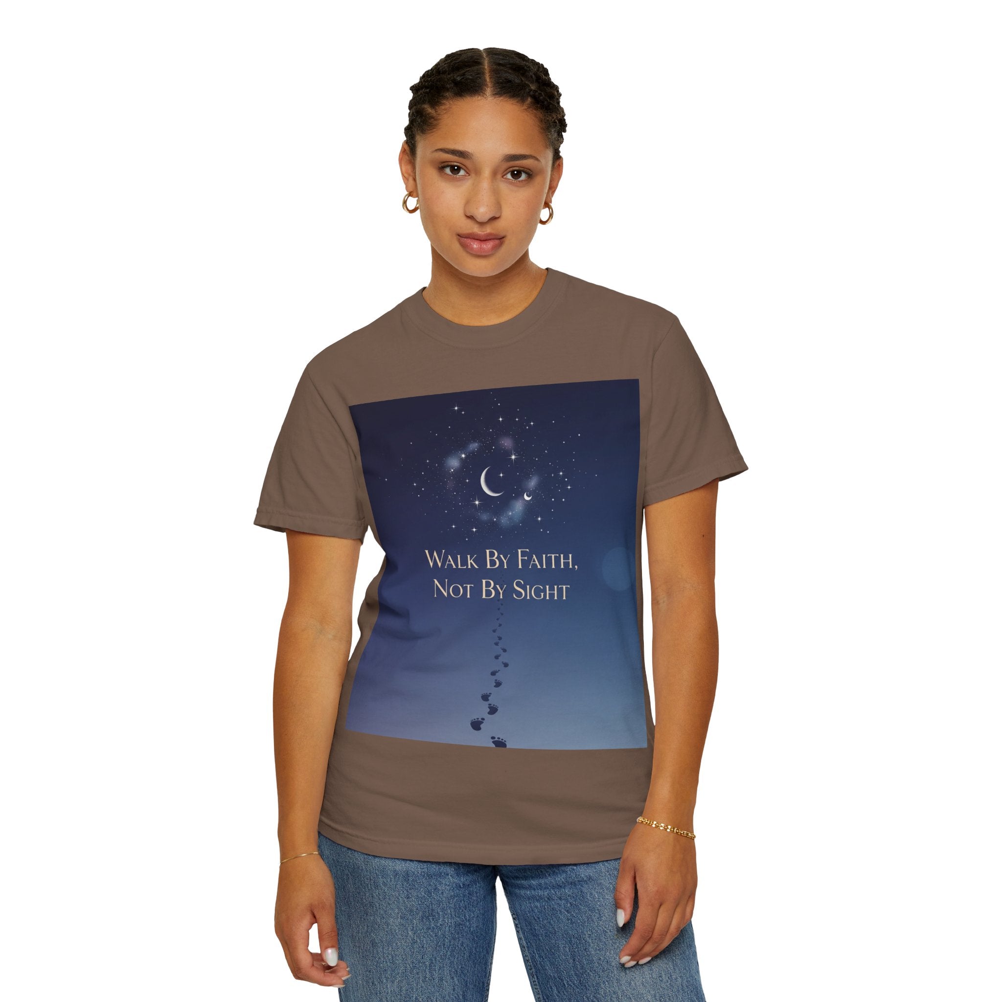 Walk by Faith, Not by Sight T-Shirt – Footprints in the Sand Christian Moonlit Tee Printify