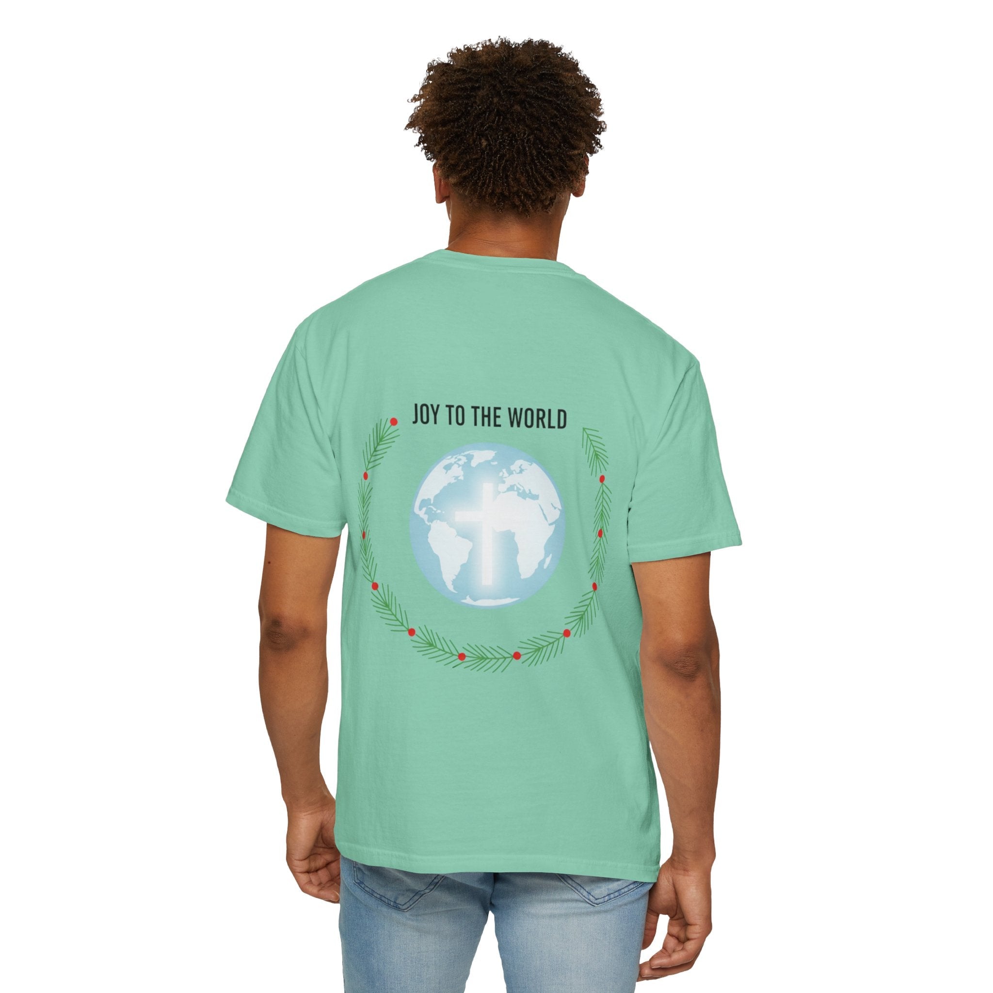Joy to the World T-shirt – Wreath Earth Nativity Christian Christmas T-shirt for Isaiah 9:6 Holiday Faith & Festive Joy Printify