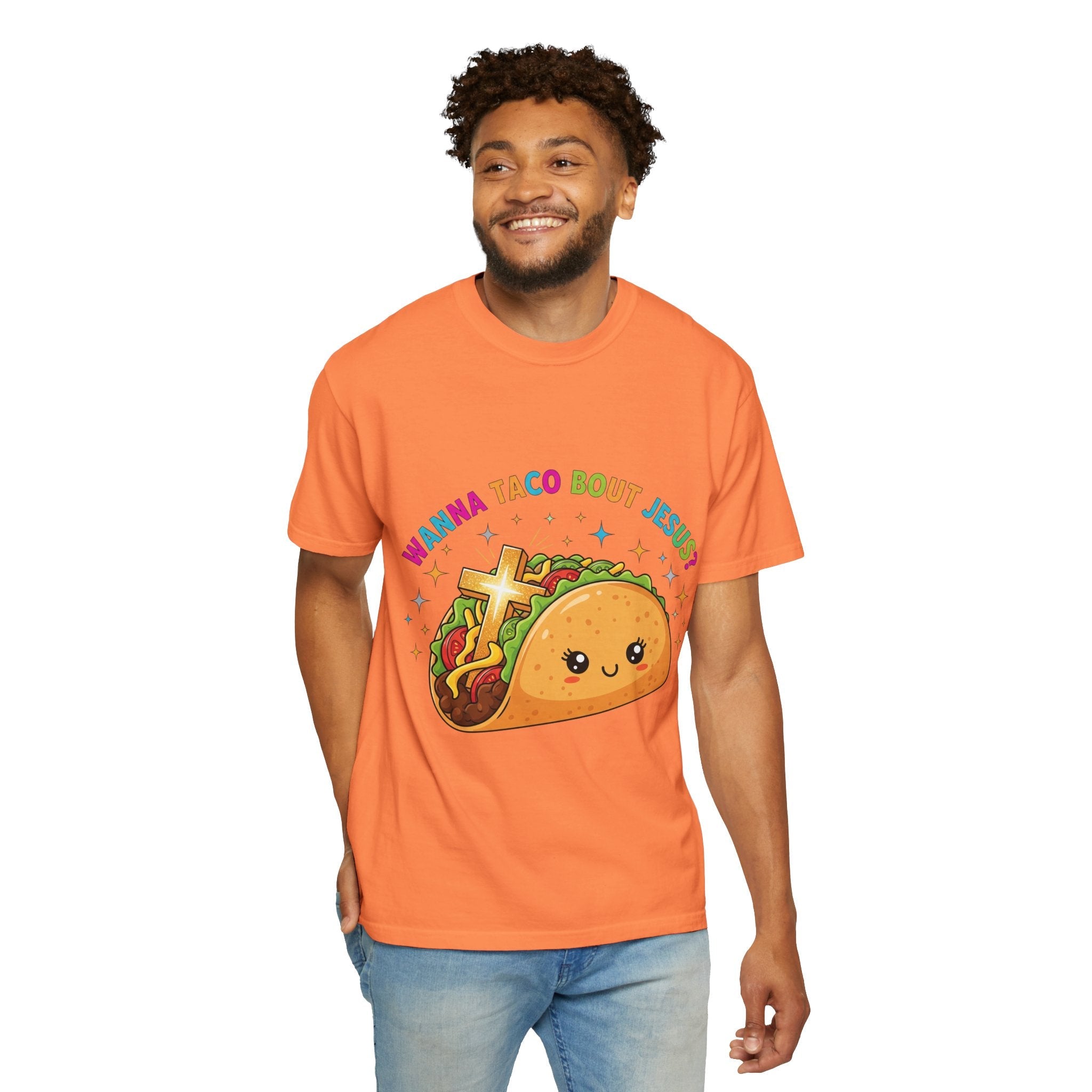 Wanna Taco 'Bout Jesus? Funny Christian Pun T-Shirt – Lettuce Pray & Share Faith! Printify