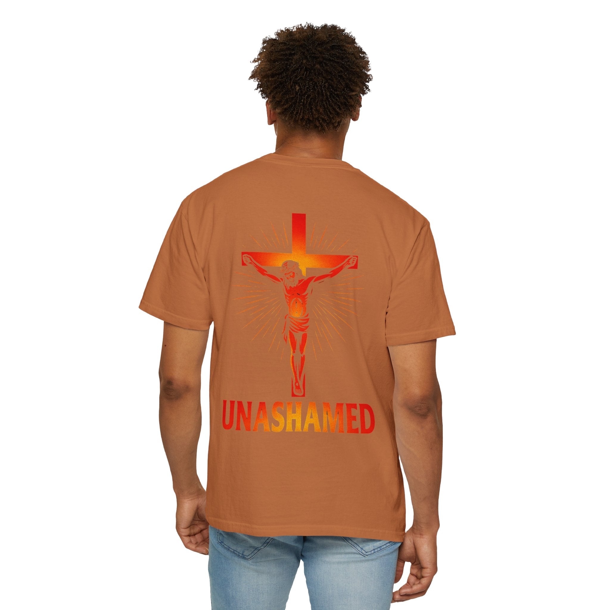 Unashamed T-shirt – Romans 1:16 Crucifixion Christian t-shirt for Bold Unwavering Faith Red Printify