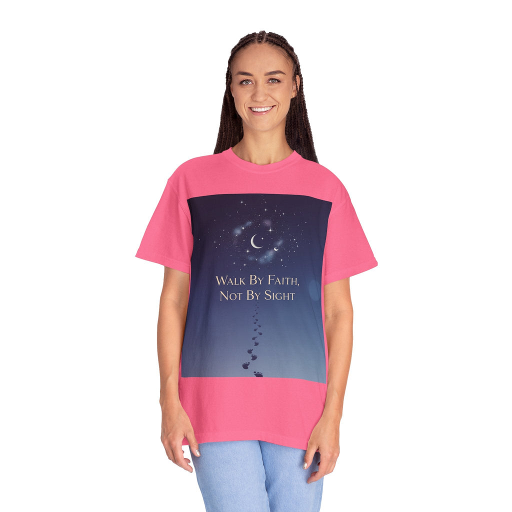 Walk by Faith, Not by Sight T-Shirt – Footprints in the Sand Christian Moonlit Tee Printify