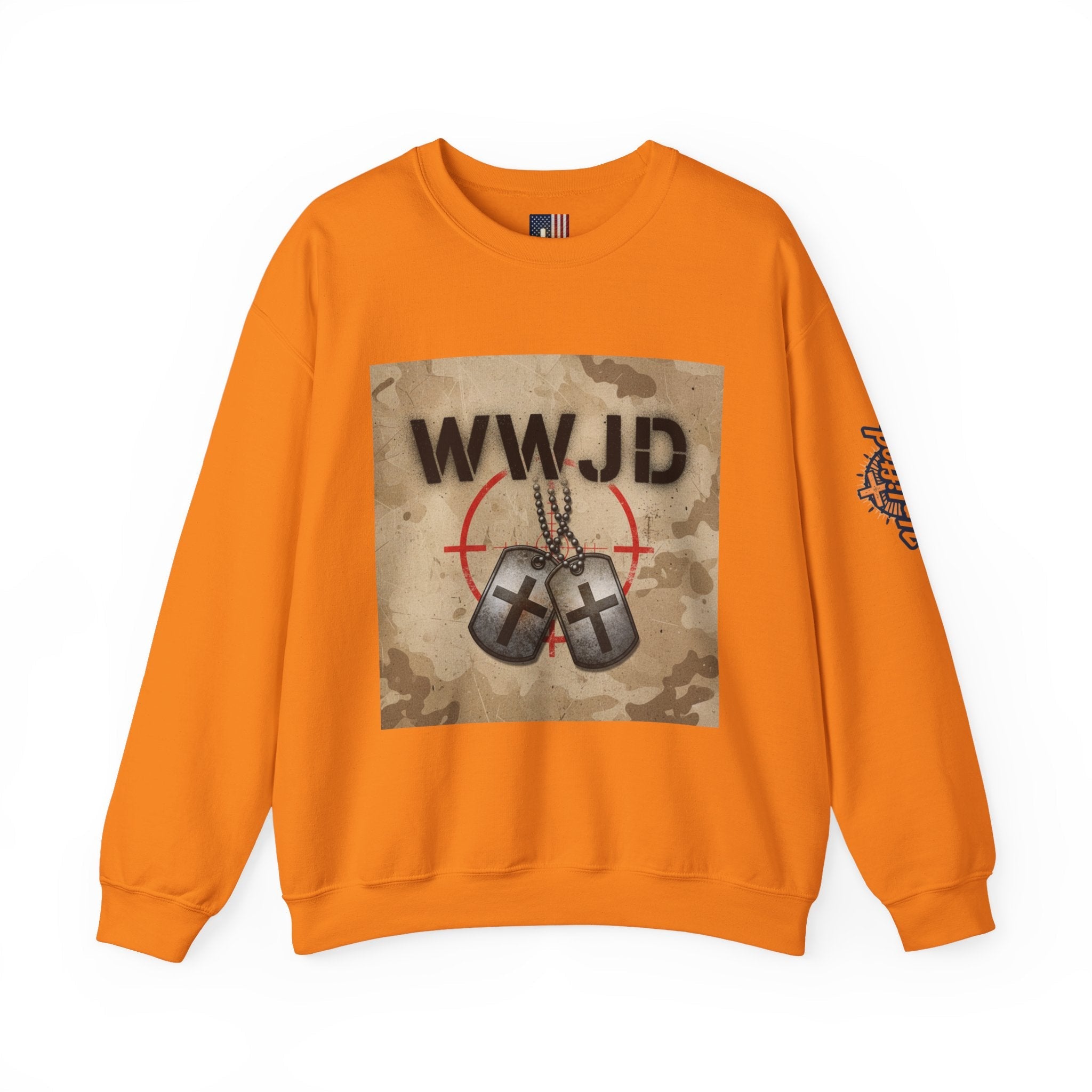 WWJD Sweatshirt – Military Dog Tags What Would Jesus Do Camo Christian Sweatshirt for Bold Faith & Streetwear Printify