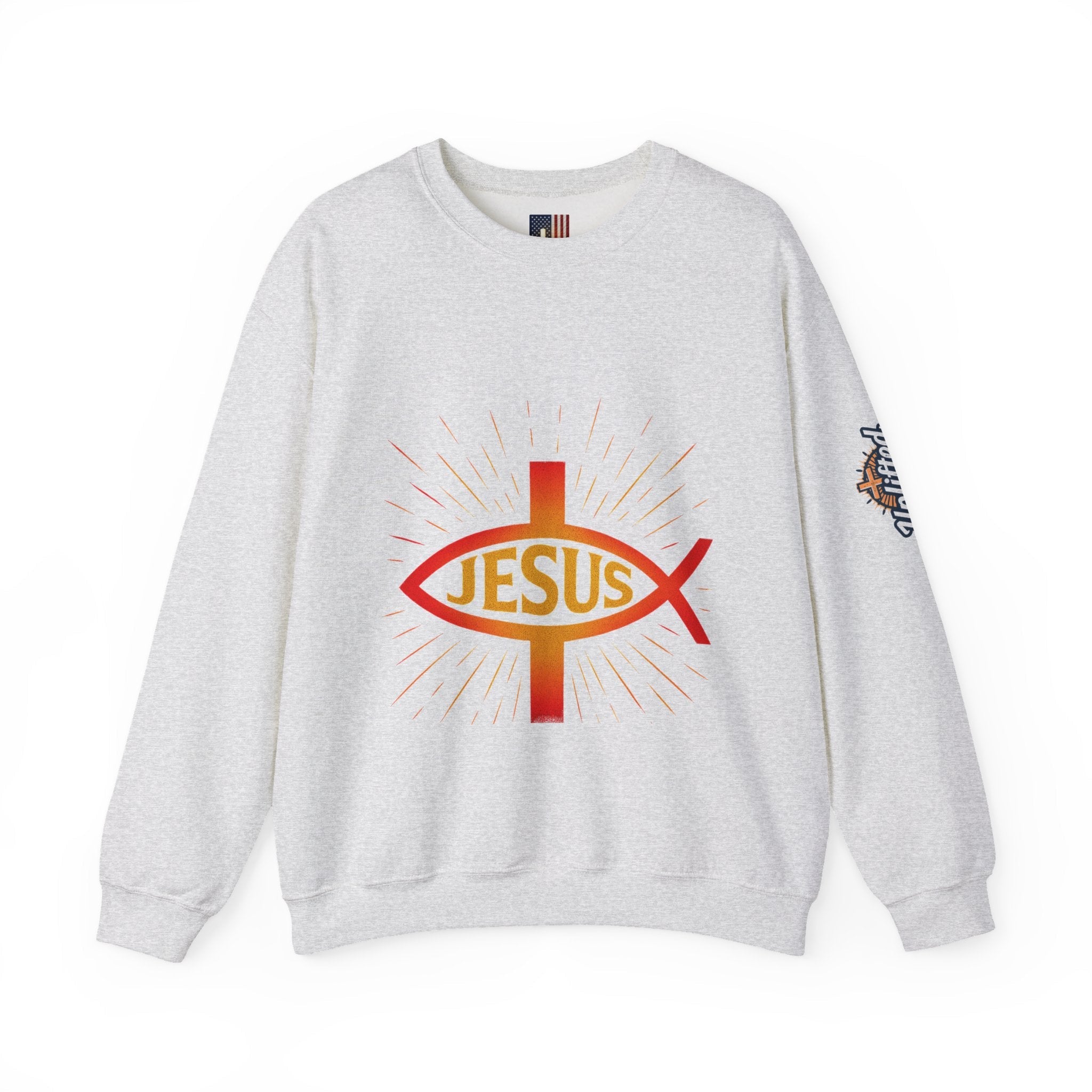 Jesus Ichthys Sweatshirt – Christian Fish Symbol with Cross & Jesus Inscription Sweatshirt for Eternal Faith & Streetwear Printify