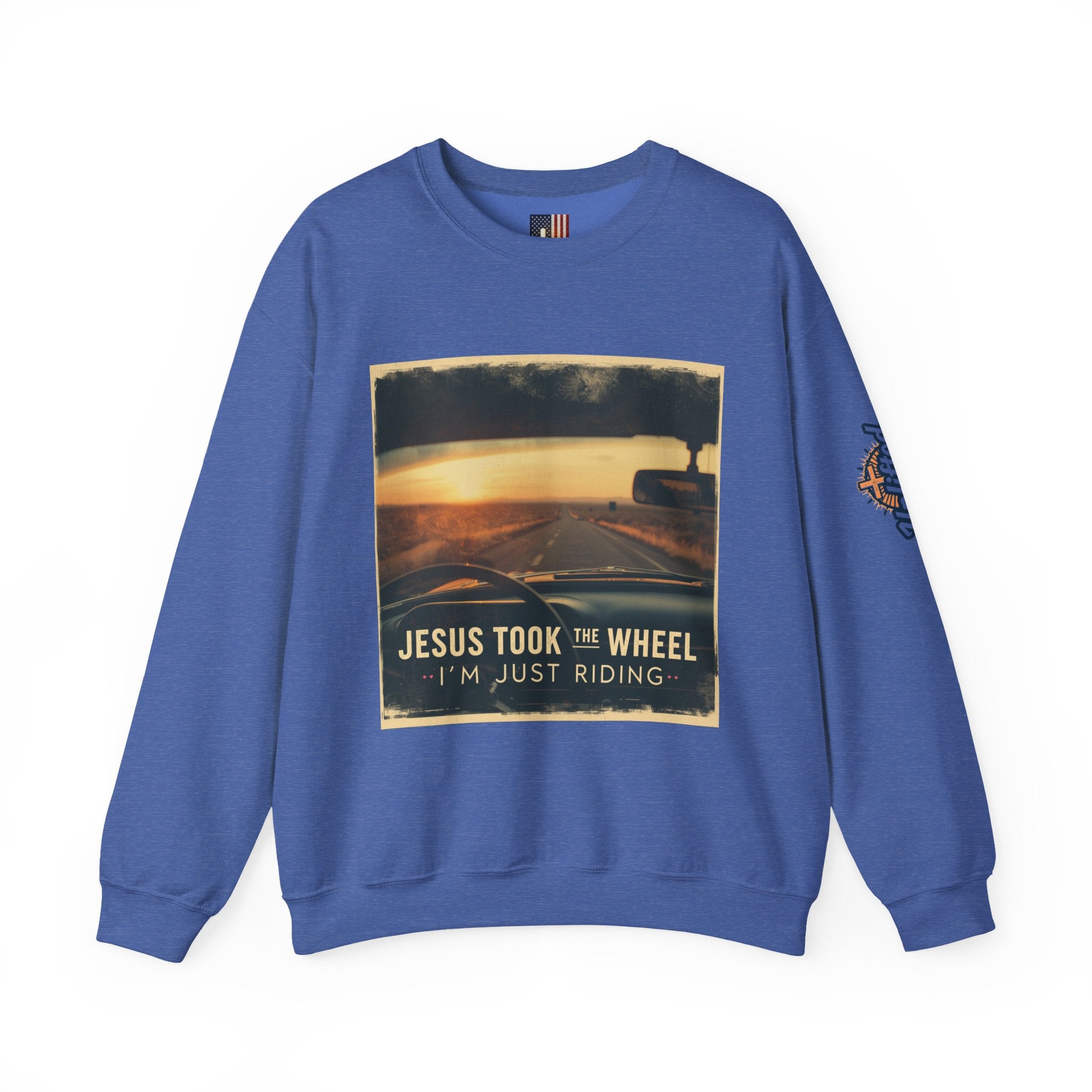 Jesus Took the Wheel I'm Just Riding Sweatshirt – Funny Christian Convertible Car Sweatshirt for Surrendered Faith & Humor Printify