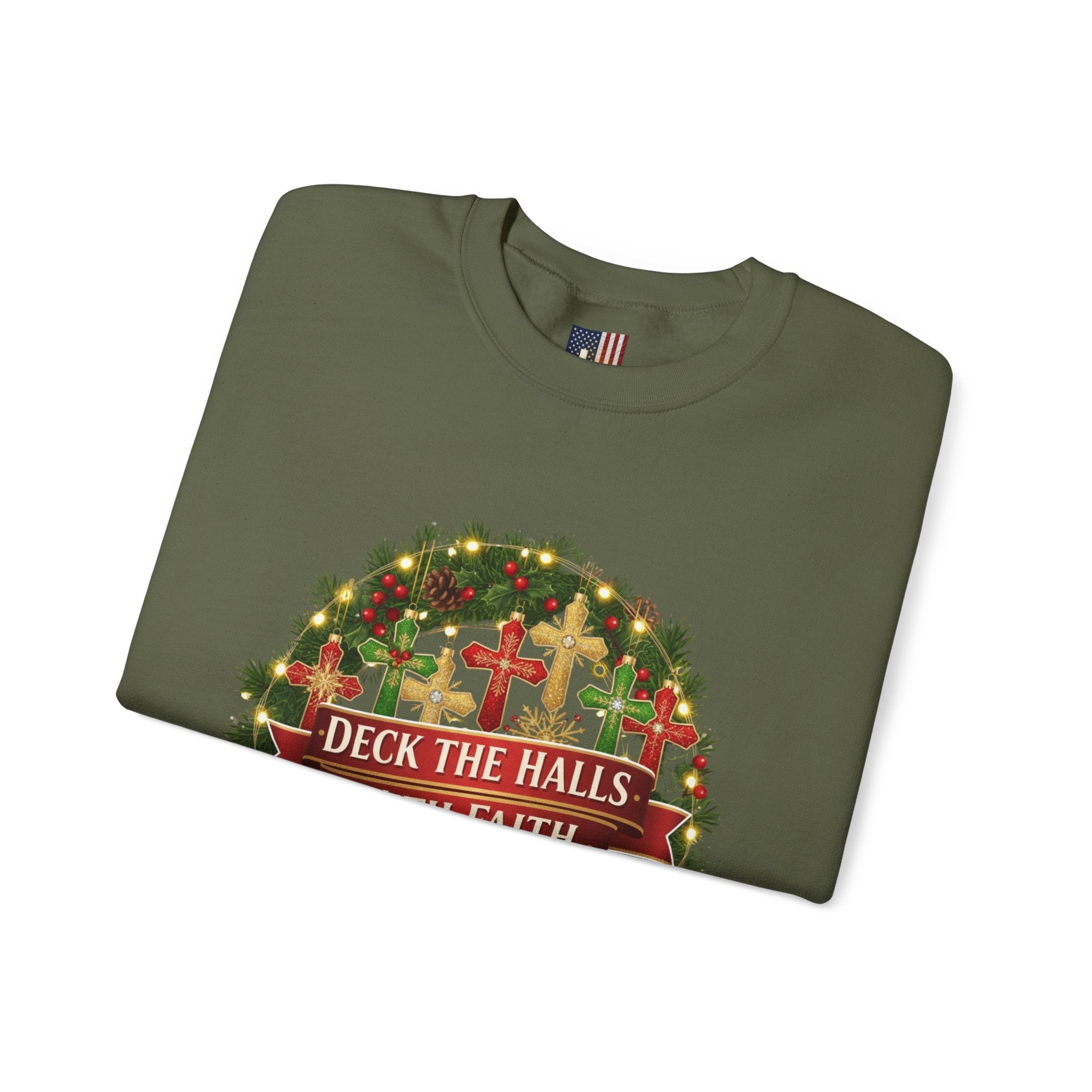 🎄 Deck the Halls with Faith – Christian Christmas Sweatshirt | Cross Ornament Design & Festive Garland | Bold Holiday Faith Tee by Uplifted Gear Printify