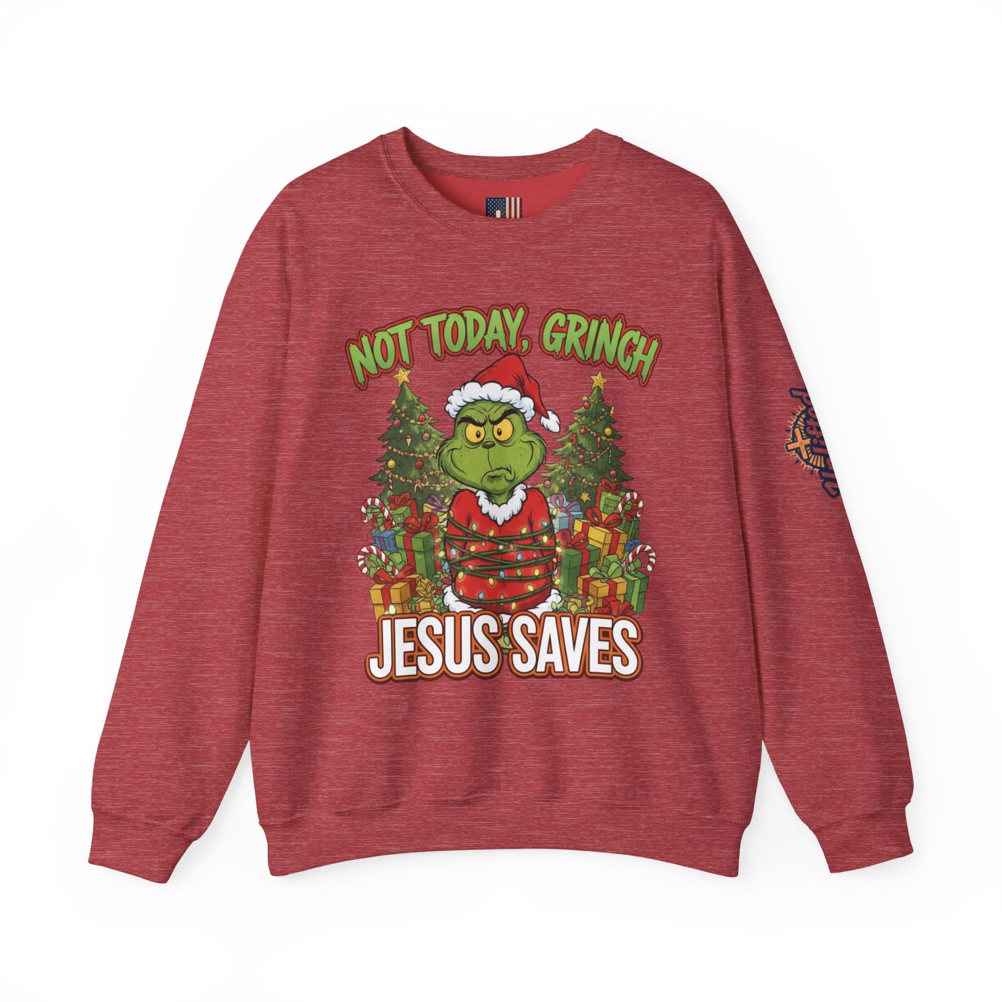 🎄 Not Today, Grinch – Jesus Saves | Funny Christian Christmas Sweatshirt | Sulking Grinch & Glowing Cross | Bold Neon Faith Tee by Uplifted Gear Printify
