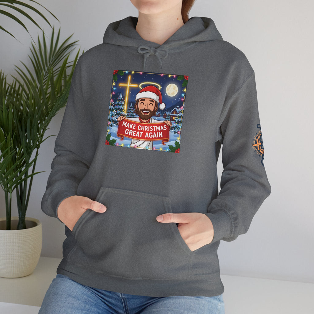 🎄 Make Christmas Great Again – Funny Christian Hoodie | Jesus Holding Banner | Faith-Based Holiday Parody Tee | Uplifted Gear Printify