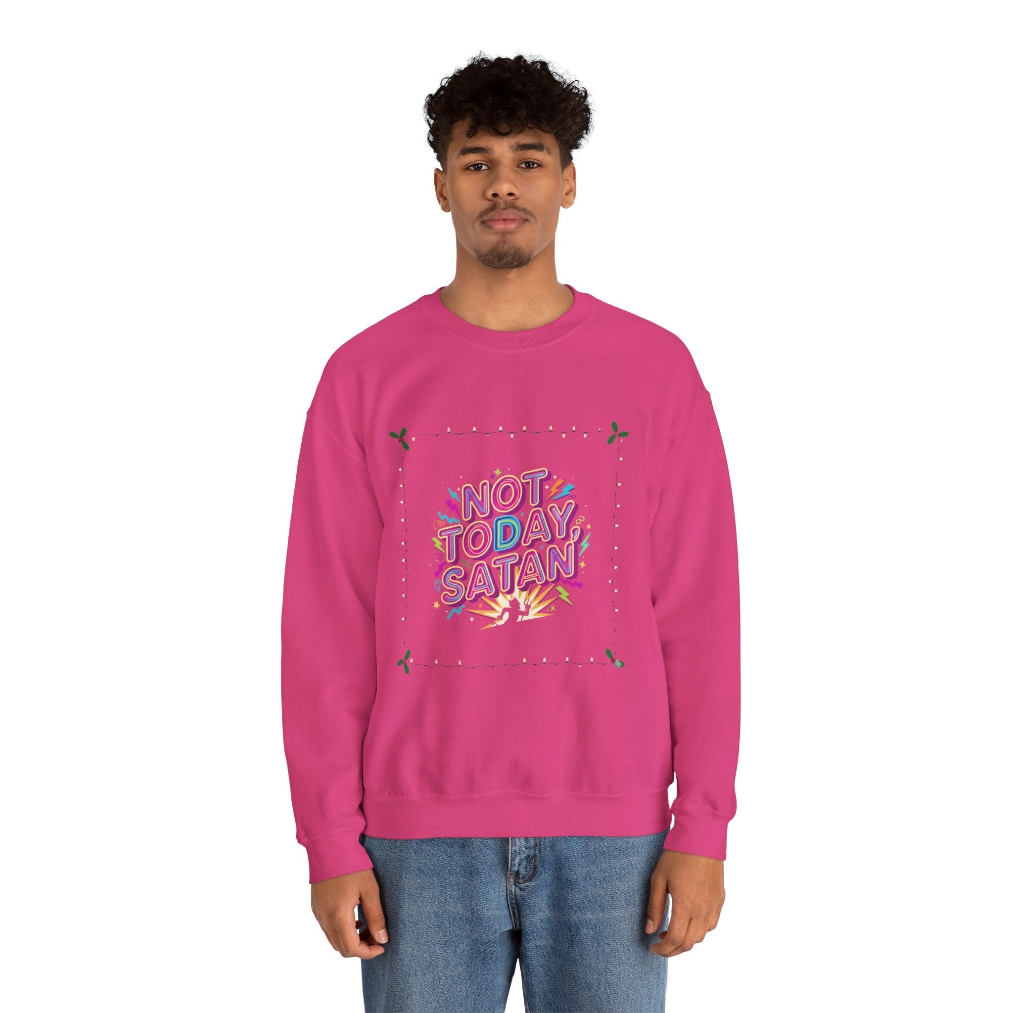 🔥 Not Today, Satan – Retro 90s Christian Sweatshirt | Neon Faith Tee | Funky Cartoon Devil | Bold Bible Verse Shirt | Uplifted Gear Printify