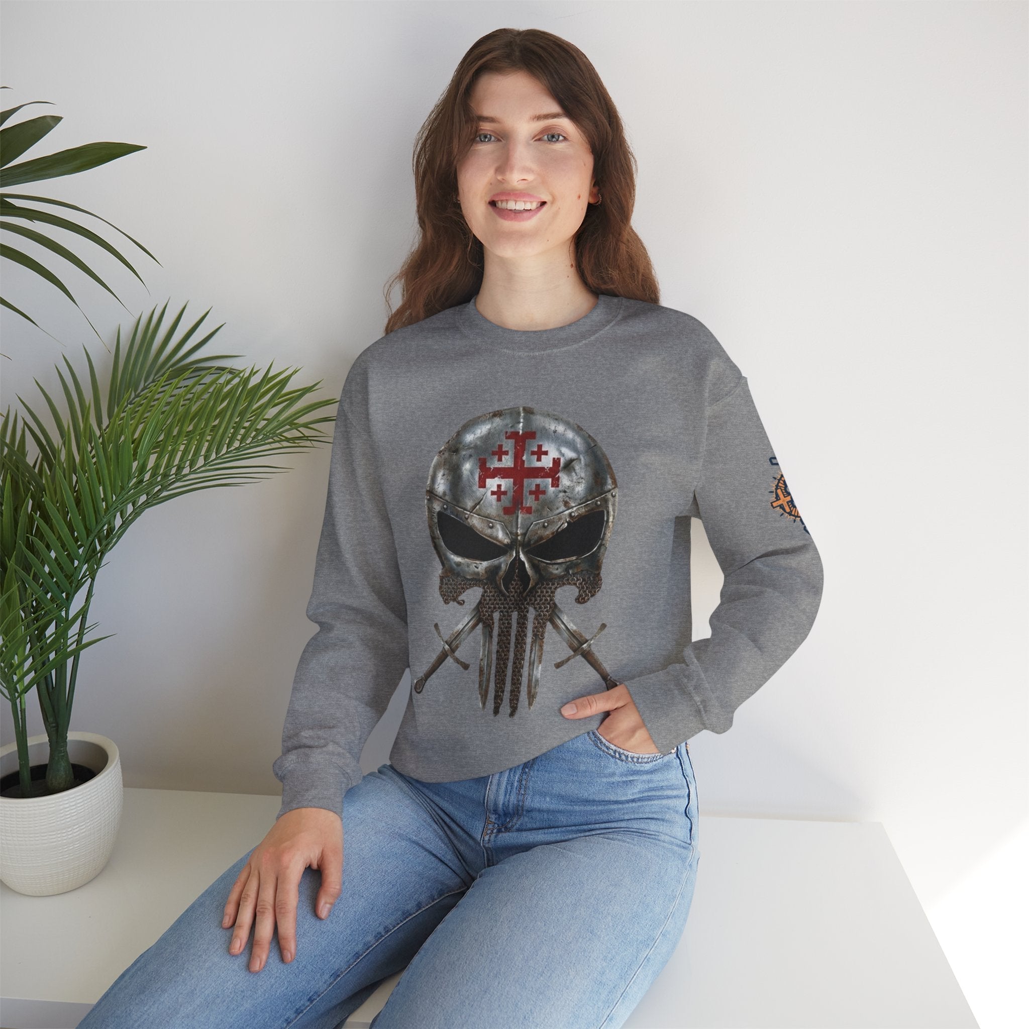 Crusader Knight Christian Skull Sweatshirt - Warrior Armor of God Sweatshirt Printify