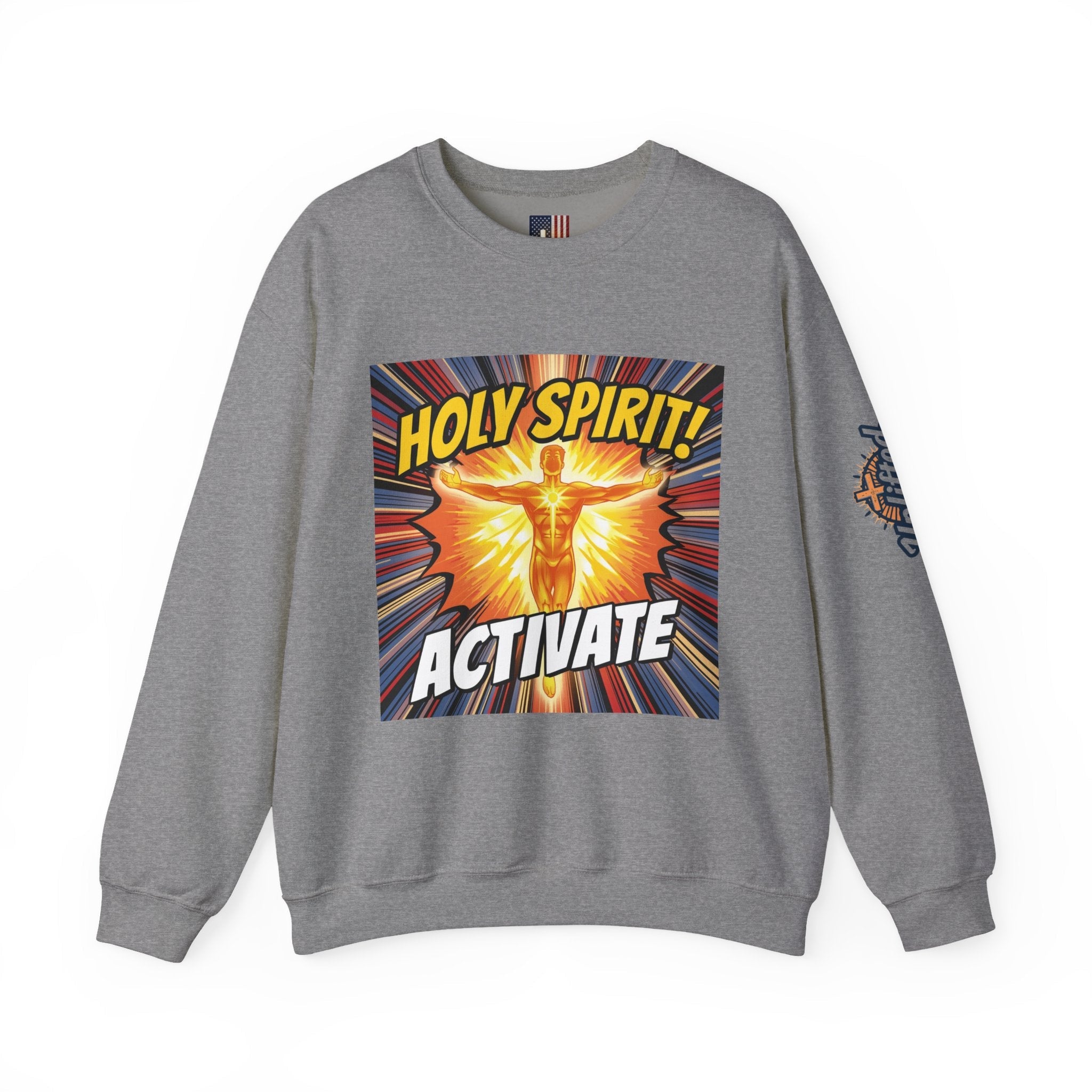 Holy Spirit Activate Sweatshirt – Superhero Christian Sweatshirt with Vibrant Power-Up Design for Faith-Fueled Boldness Printify