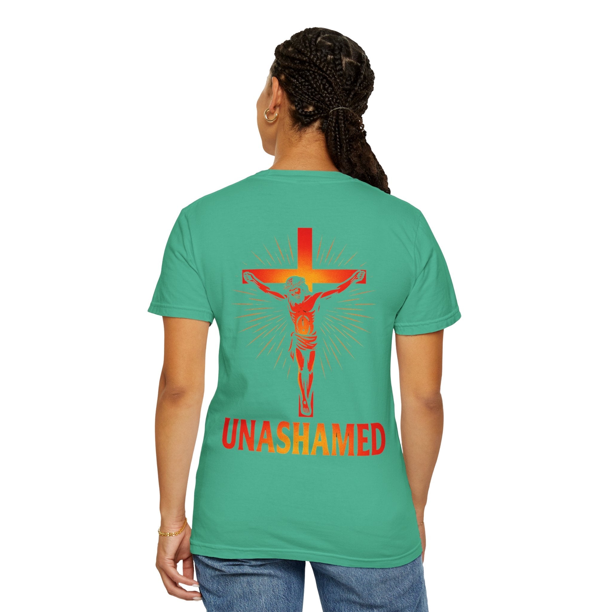 Unashamed T-shirt – Romans 1:16 Crucifixion Christian t-shirt for Bold Unwavering Faith Red Printify