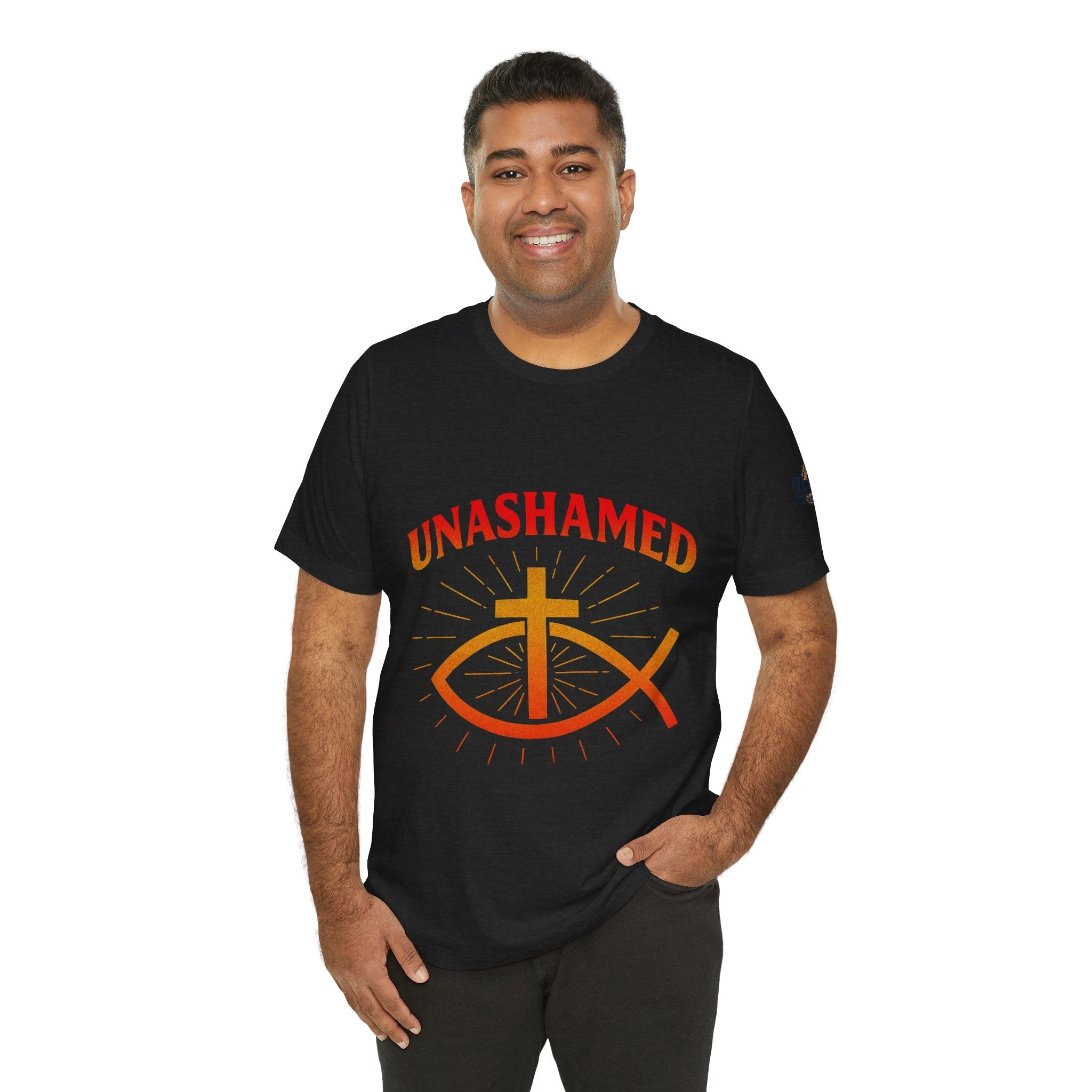 Unashamed T-shirt – Ichthys Jesus Fish & Cross Christian T-shirt for Romans 1:16 Bold Faith Printify