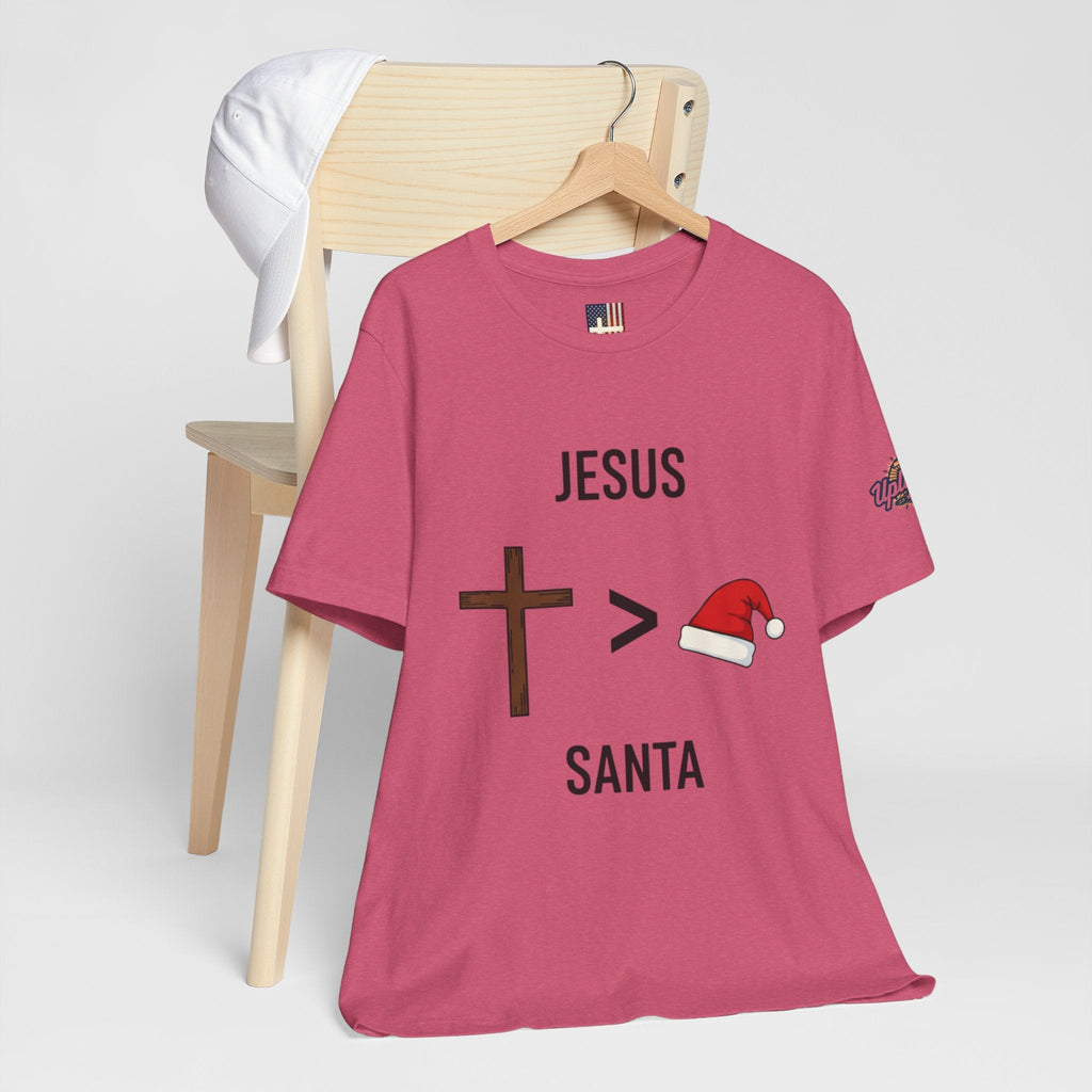 🎄 Jesus > Santa – Minimalist Christian Christmas T-Shirt | Bold Faith Over Holiday Tee | Cross vs Santa Hat Design | Uplifted Gear Printify