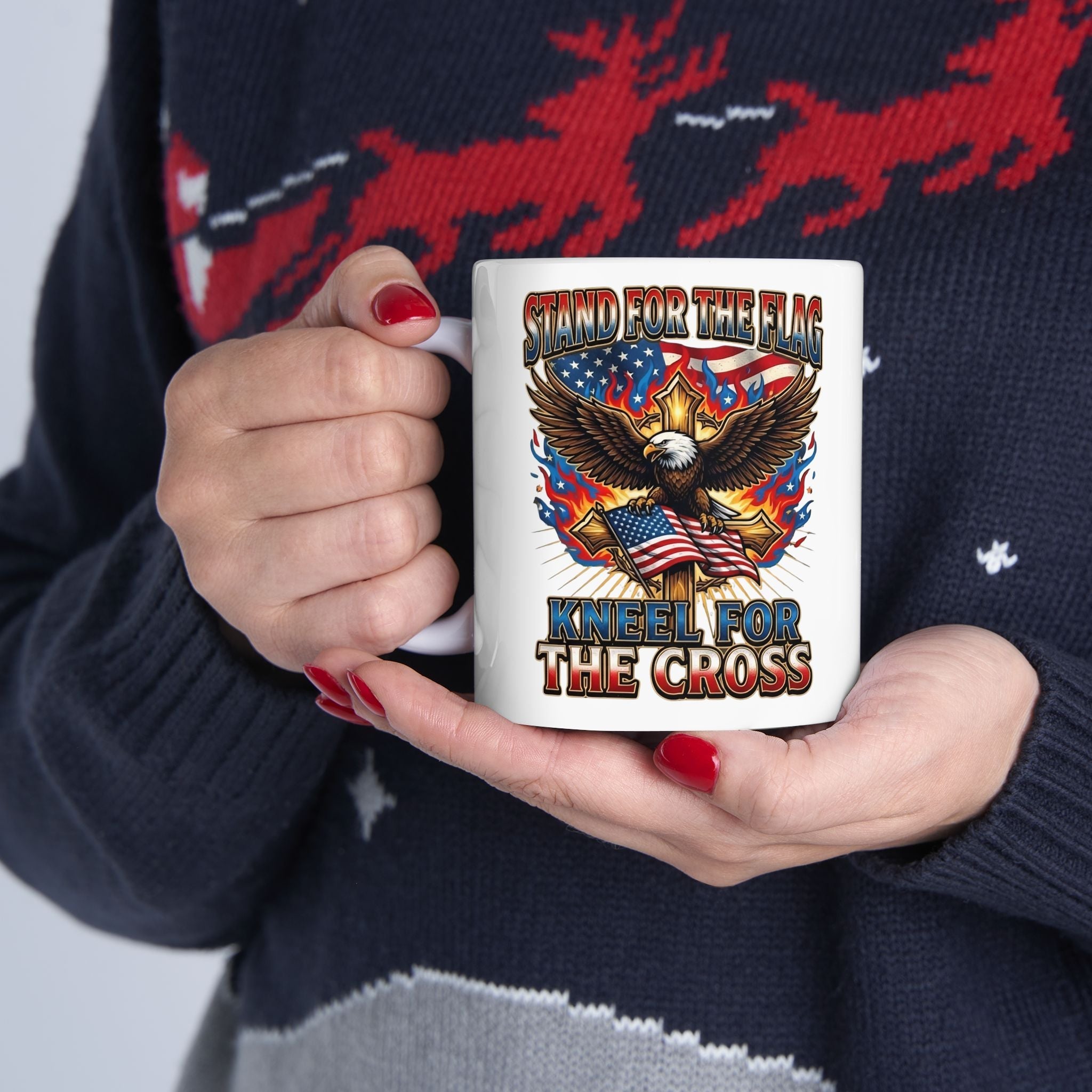 Patriotic Eagle Coffee Mug — "Stand for the Flag, Kneel for the Cross" (11/15oz) Printify