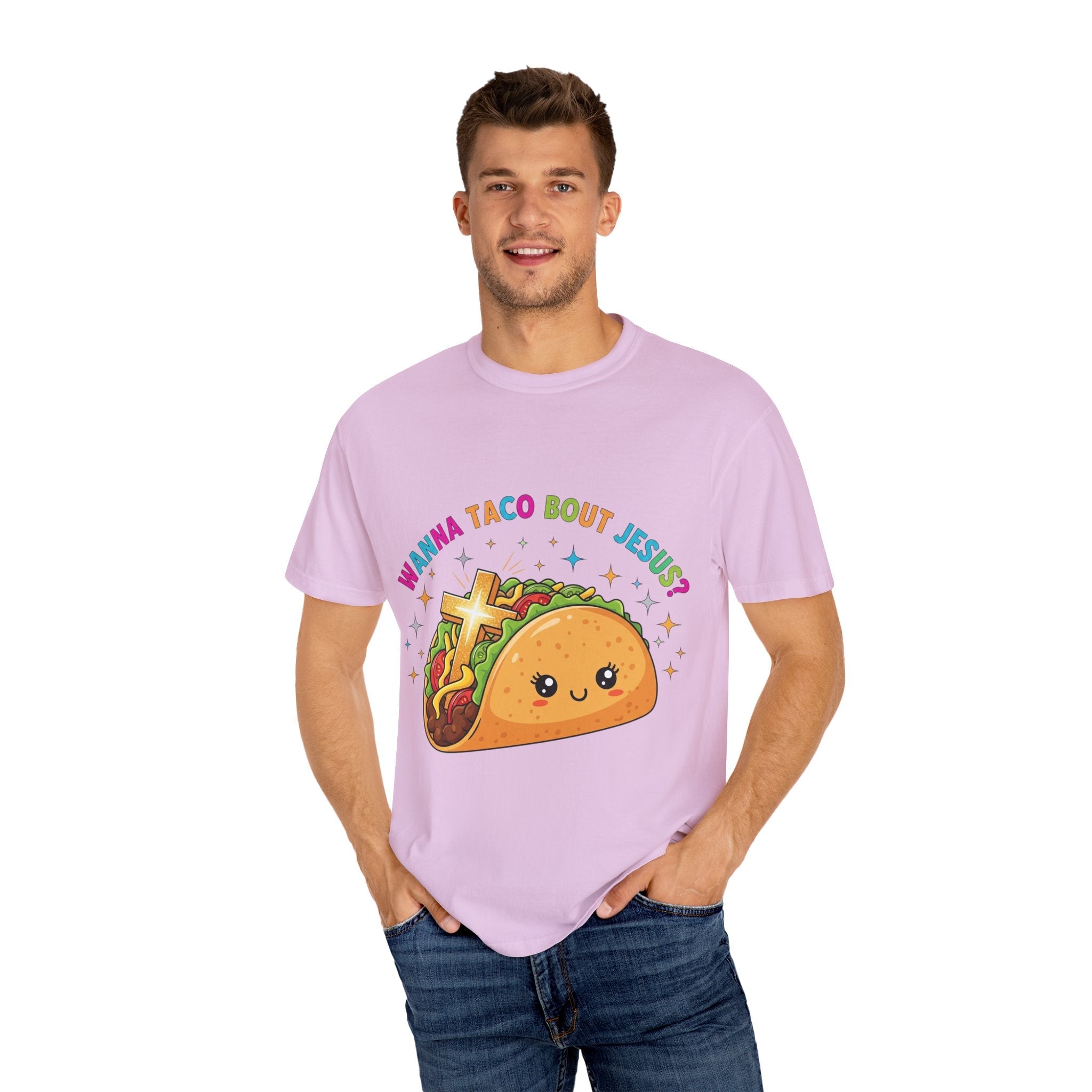 Wanna Taco 'Bout Jesus? Funny Christian Pun T-Shirt – Lettuce Pray & Share Faith! Printify