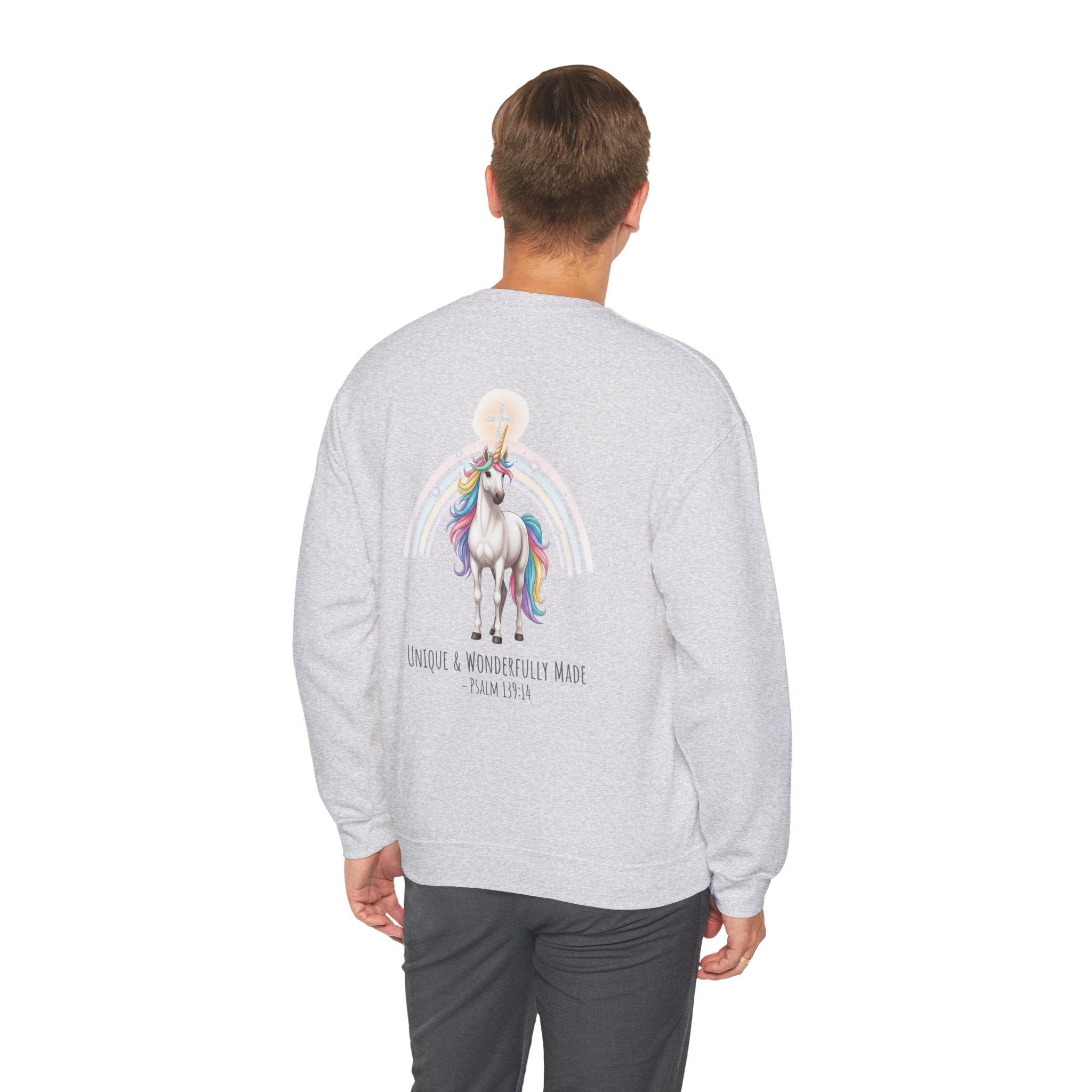 Unique Unicorn Sweatshirt – Rainbow Cross Psalm 139:14 Christian Sweatshirt for Wonderfully Made Printify