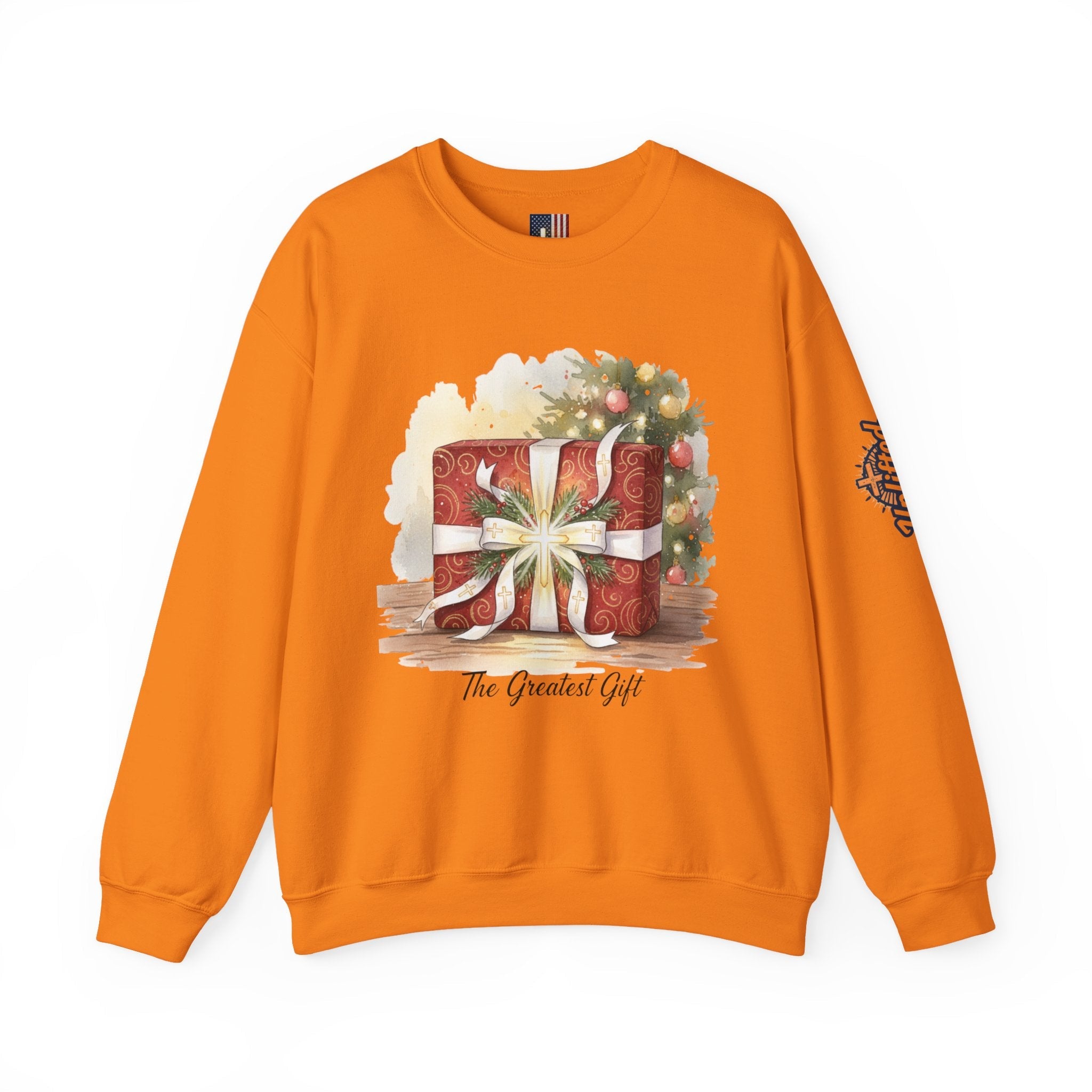The Greatest Gift Sweatshirt – Cross Bow Present Christian Sweatshirt for Christmas Salvation & Eternal Faith Printify