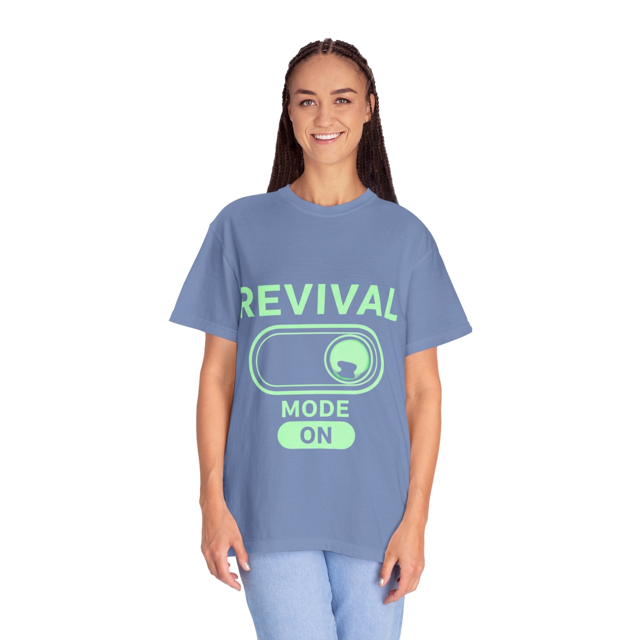 🔥 Revival Mode: ON – Christian Techwear T-Shirt | Glowing Green Faith Switch | Futuristic Jesus Shirt | Activate Your Spiritual Awakening | Uplifted Gear Printify