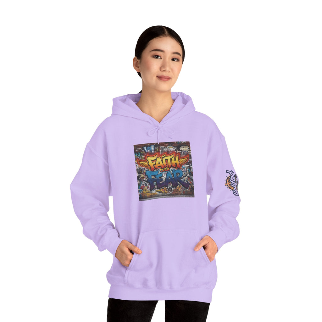 Faith Over Fear Hoodie – Graffiti Wall Christian Sweatshirt for Bold 2 Corinthians 5:7 Streetwear & Unshakable Faith Printify