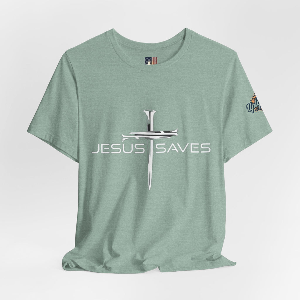 Jesus Saves T-shirt – 3 Nails Crucifix Cross Christian T-shirt for Redemption Faith & Bold Salvation Printify