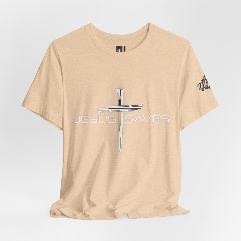 Jesus Saves T-shirt – 3 Nails Crucifix Cross Christian T-shirt for Redemption Faith & Bold Salvation Printify