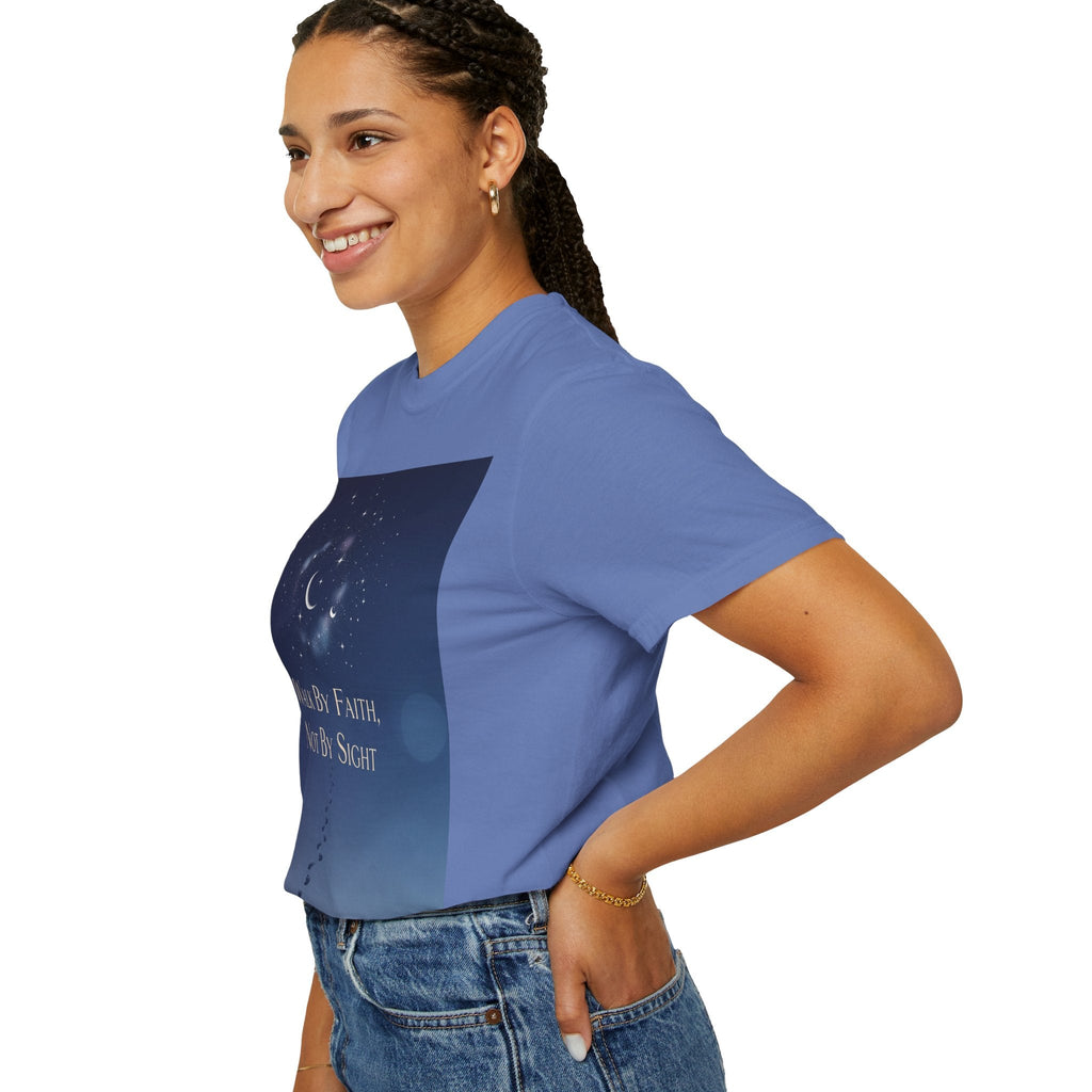 Walk by Faith, Not by Sight T-Shirt – Footprints in the Sand Christian Moonlit Tee Printify
