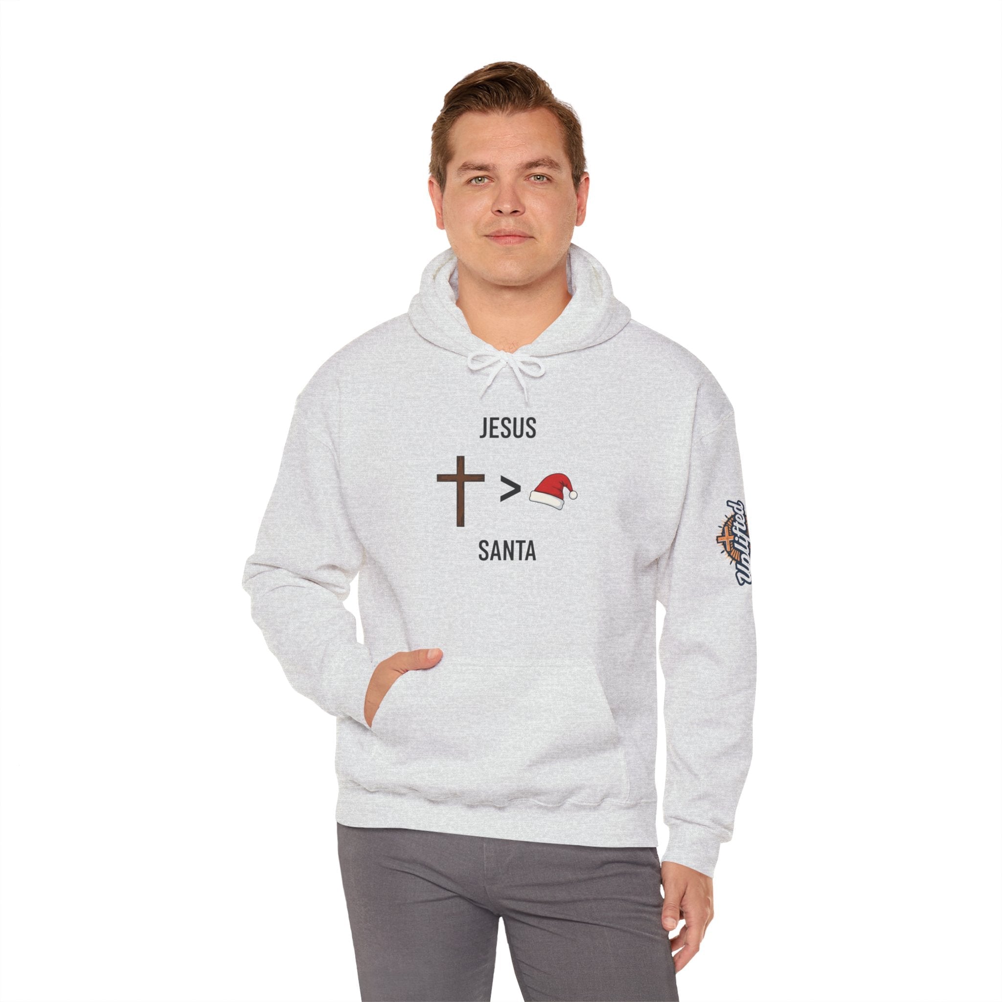 🎄 Jesus > Santa – Minimalist Christian Christmas Hoodie | Bold Faith Over Holiday Tee | Cross vs Santa Hat Design | Uplifted Gear Printify