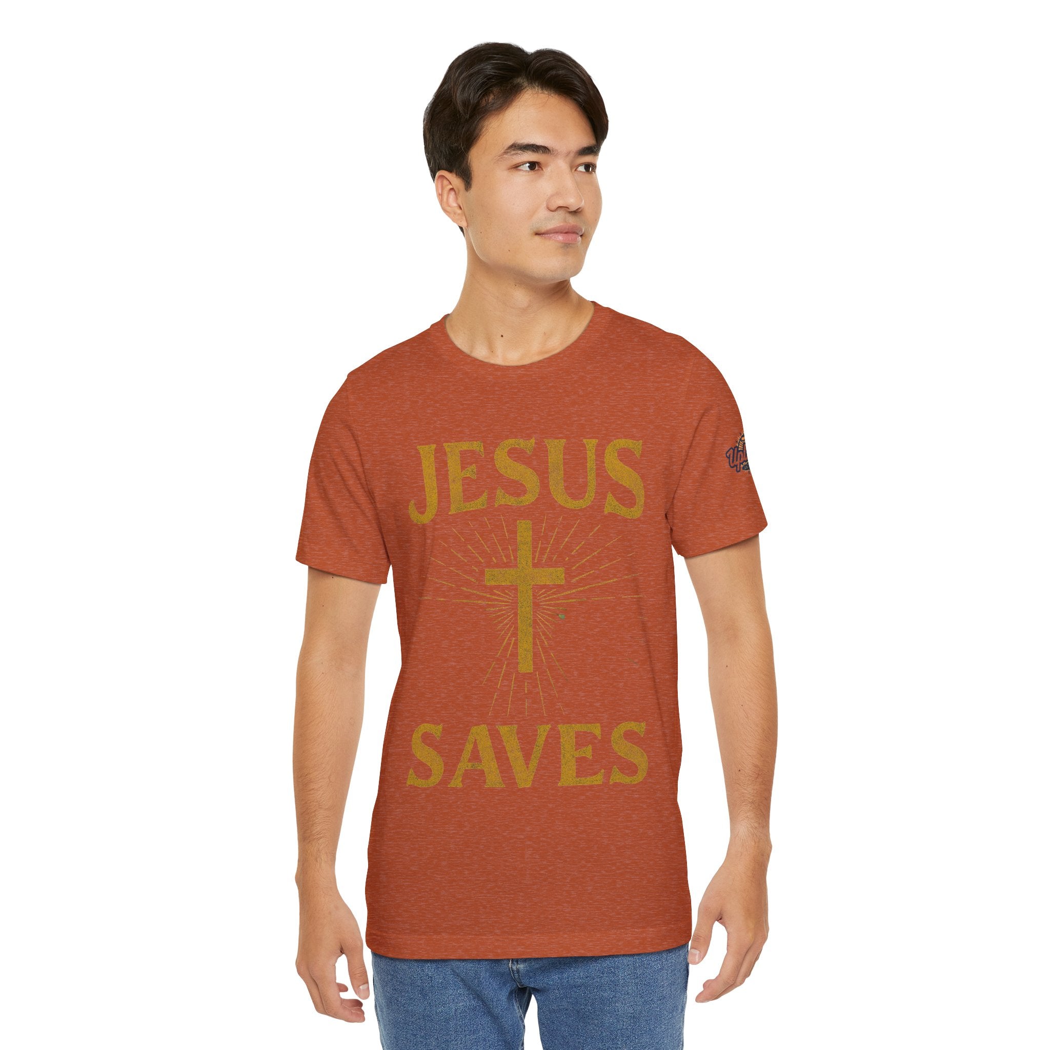 Jesus Saves T-shirt – Radiant Cross & Rays of Light Christian T-shirt for Eternal Hope & Faith Printify