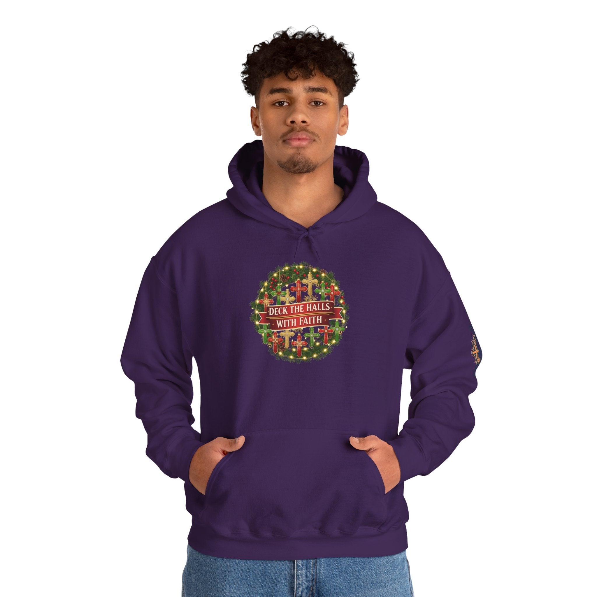 🎄 Deck the Halls with Faith – Christian Christmas Hoodie | Cross Ornament Design & Festive Garland | Bold Holiday Faith Tee by Uplifted Gear Printify