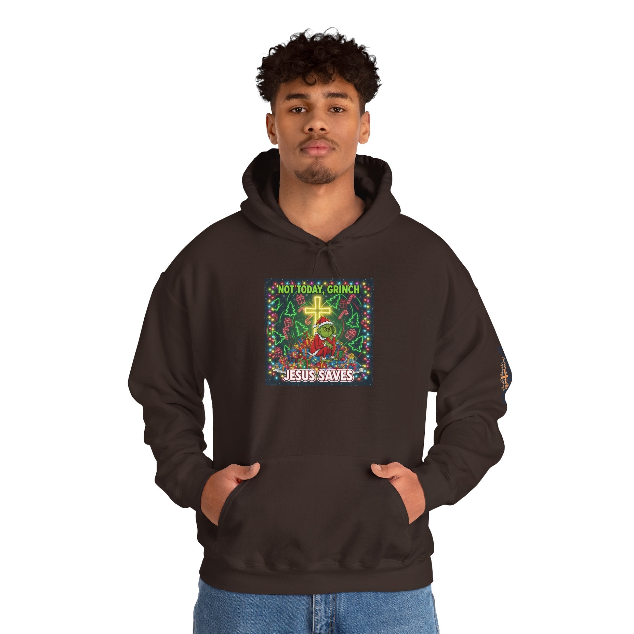 🎄 Not Today, Grinch – Jesus Saves | Funny Christian Christmas Hoodie | Festive Green & Red Cartoon Style | Bold Faith Holiday Tee by Uplifted Gear Printify