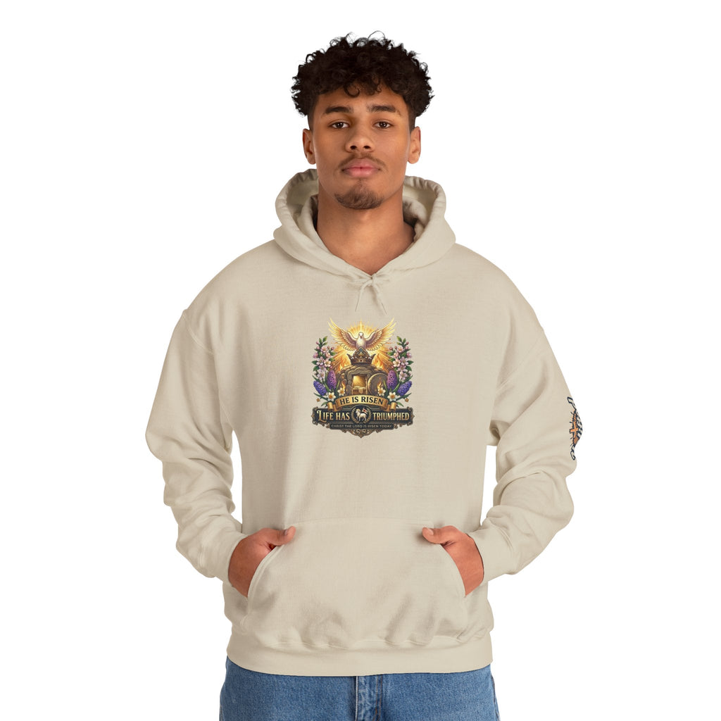 He Is Risen "Life Has Triumphed" Hoodie — Easter Resurrection Christian Hoodie Printify