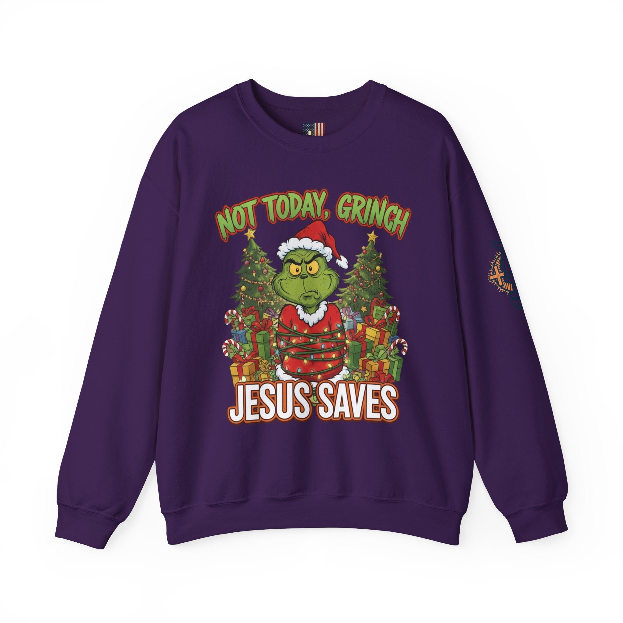 🎄 Not Today, Grinch – Jesus Saves | Funny Christian Christmas Sweatshirt | Sulking Grinch & Glowing Cross | Bold Neon Faith Tee by Uplifted Gear Printify