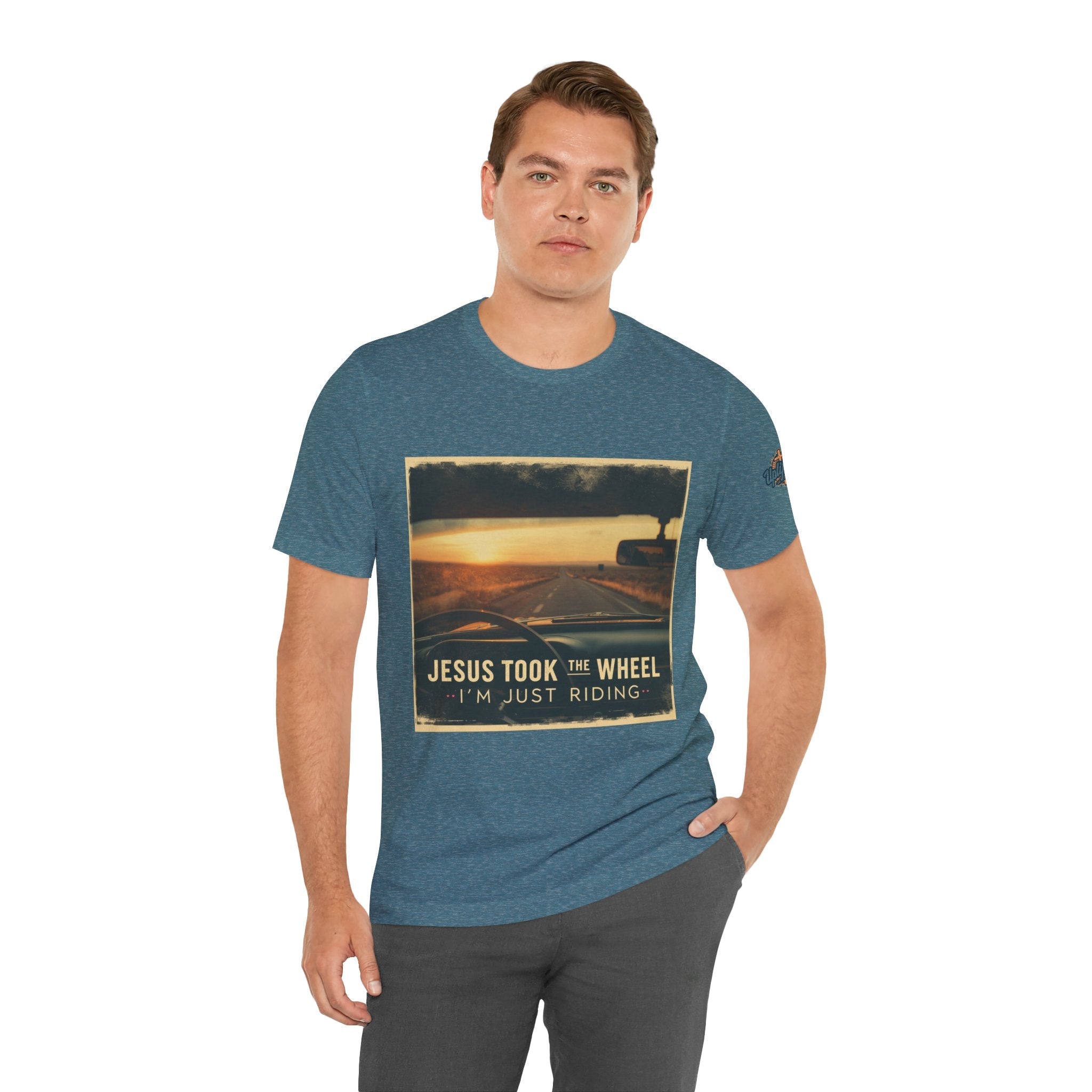 Jesus Took the Wheel I'm Just Riding T-shirt – Funny Christian Convertible Car T-shirt for Surrendered Faith & Humor Printify