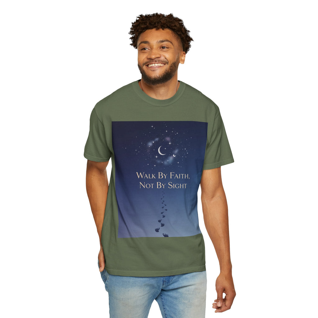 Walk by Faith, Not by Sight T-Shirt – Footprints in the Sand Christian Moonlit Tee Printify
