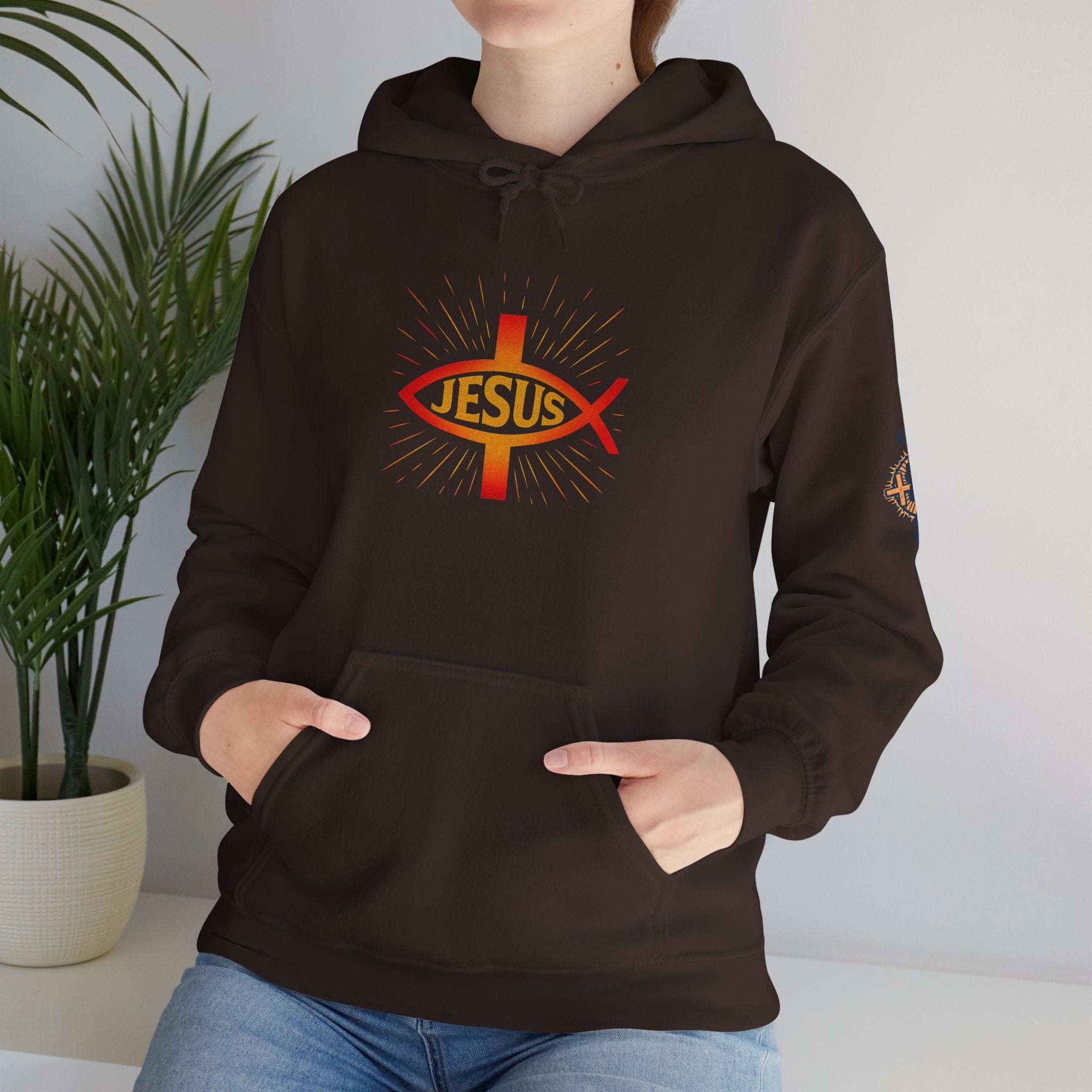 Jesus Ichthys Hoodie – Christian Fish Symbol with Cross & Jesus Inscription Sweatshirt for Eternal Faith & Streetwear Printify