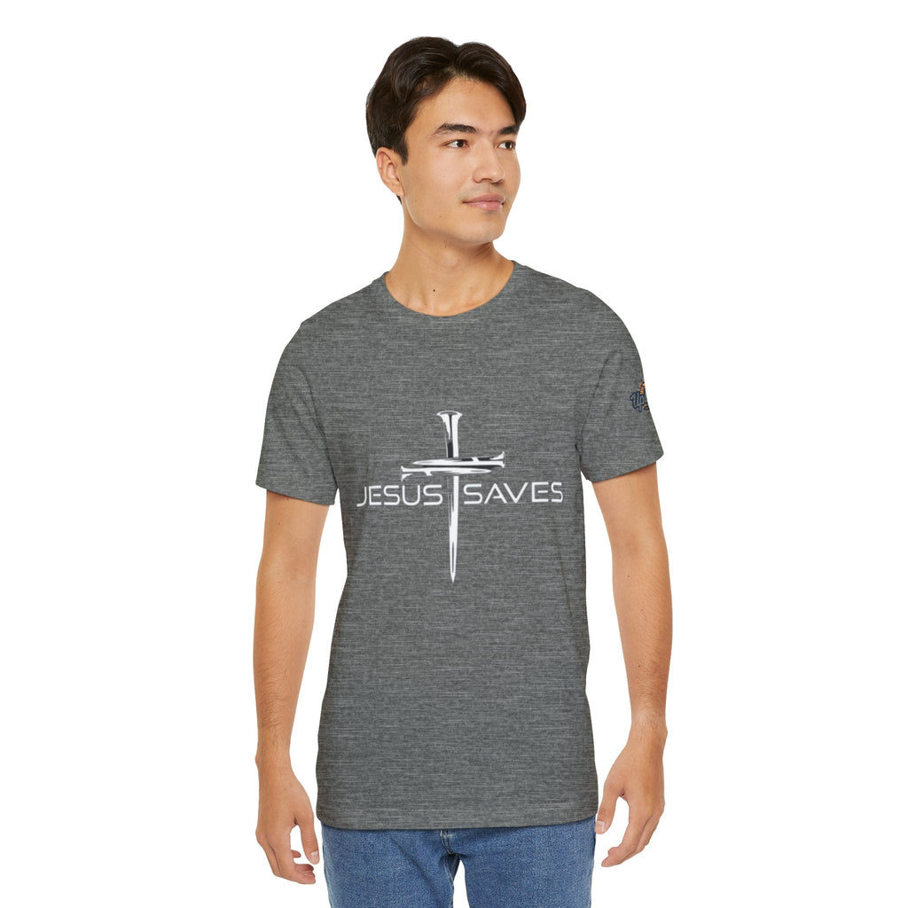 Jesus Saves T-shirt – 3 Nails Crucifix Cross Christian T-shirt for Redemption Faith & Bold Salvation Printify