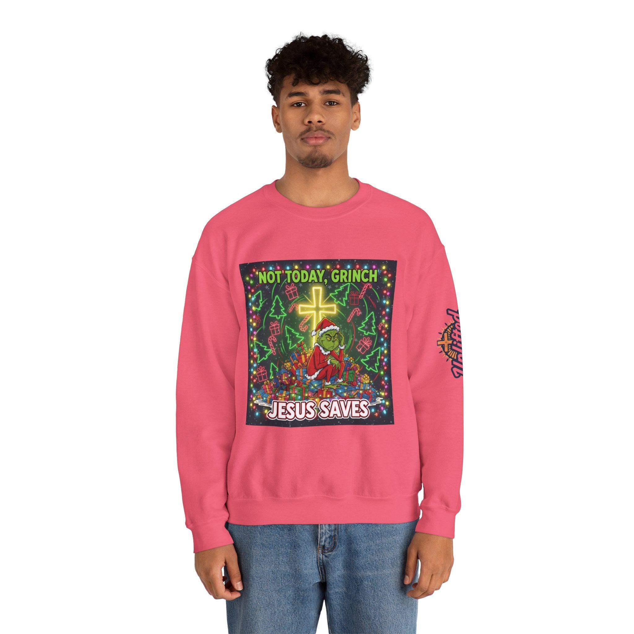 🎄 Not Today, Grinch – Jesus Saves | Funny Christian Christmas Sweatshirt | Festive Green & Red Cartoon Style | Bold Faith Holiday Tee by Uplifted Gear Printify