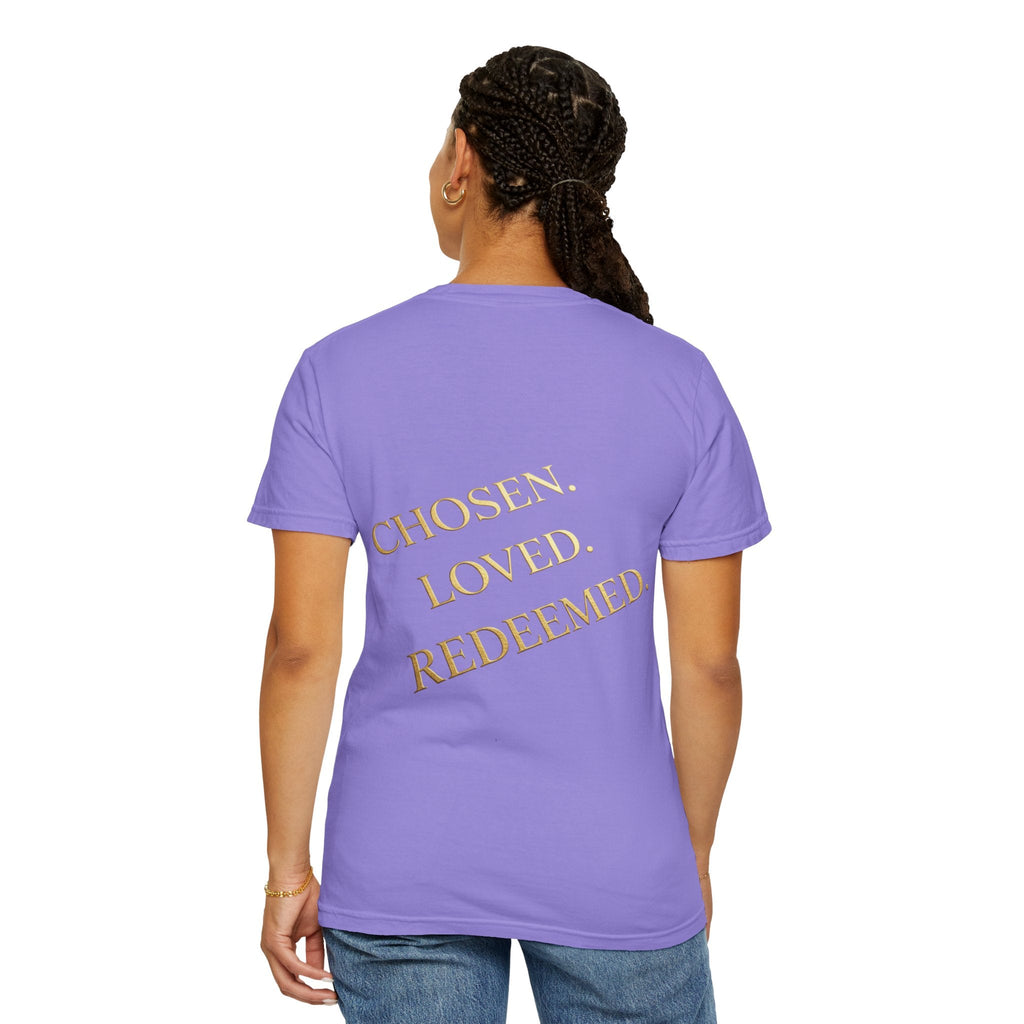 ✨ Chosen. Loved. Redeemed. – Elegant Christian T-Shirt | Gold Foil Faith Tee | Subtle Cross & Heart Design | Inspirational Bible Verse Apparel by Uplifted Gear Printify